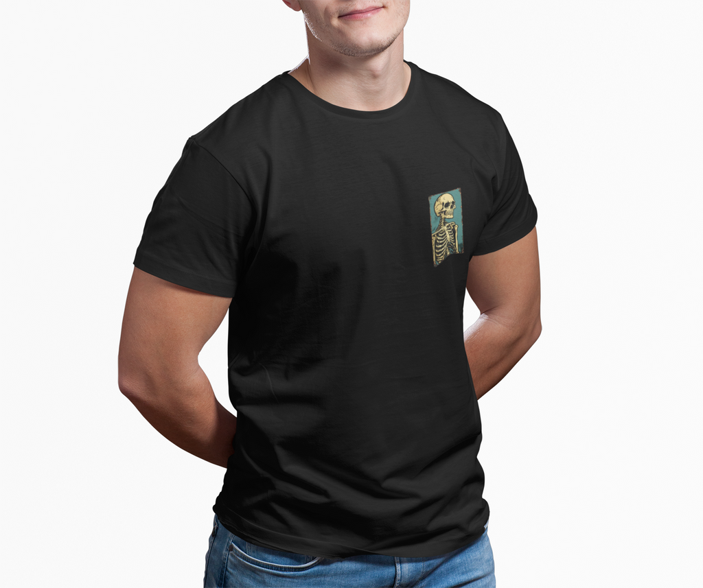 Vintage Yellow Skeleton Pocket T‑Shirt — Retro Anatomical Skull Tee
