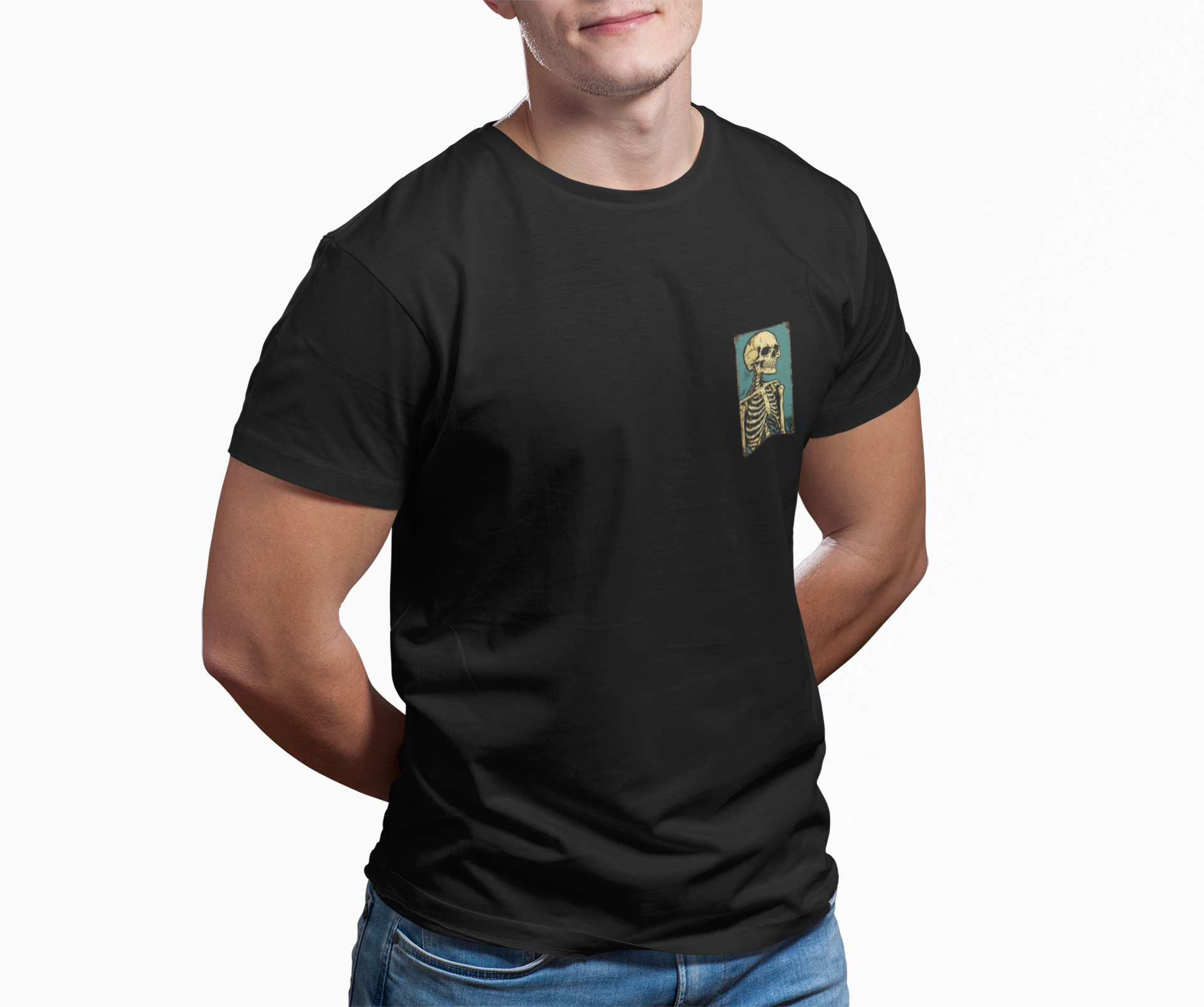 Vintage Yellow Skeleton Pocket T‑Shirt — Retro Anatomical Skull Tee