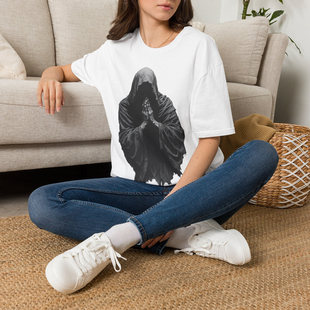 Hooded Figure Prayer T‑Shirt — Gothic Mystical Graphic Tee