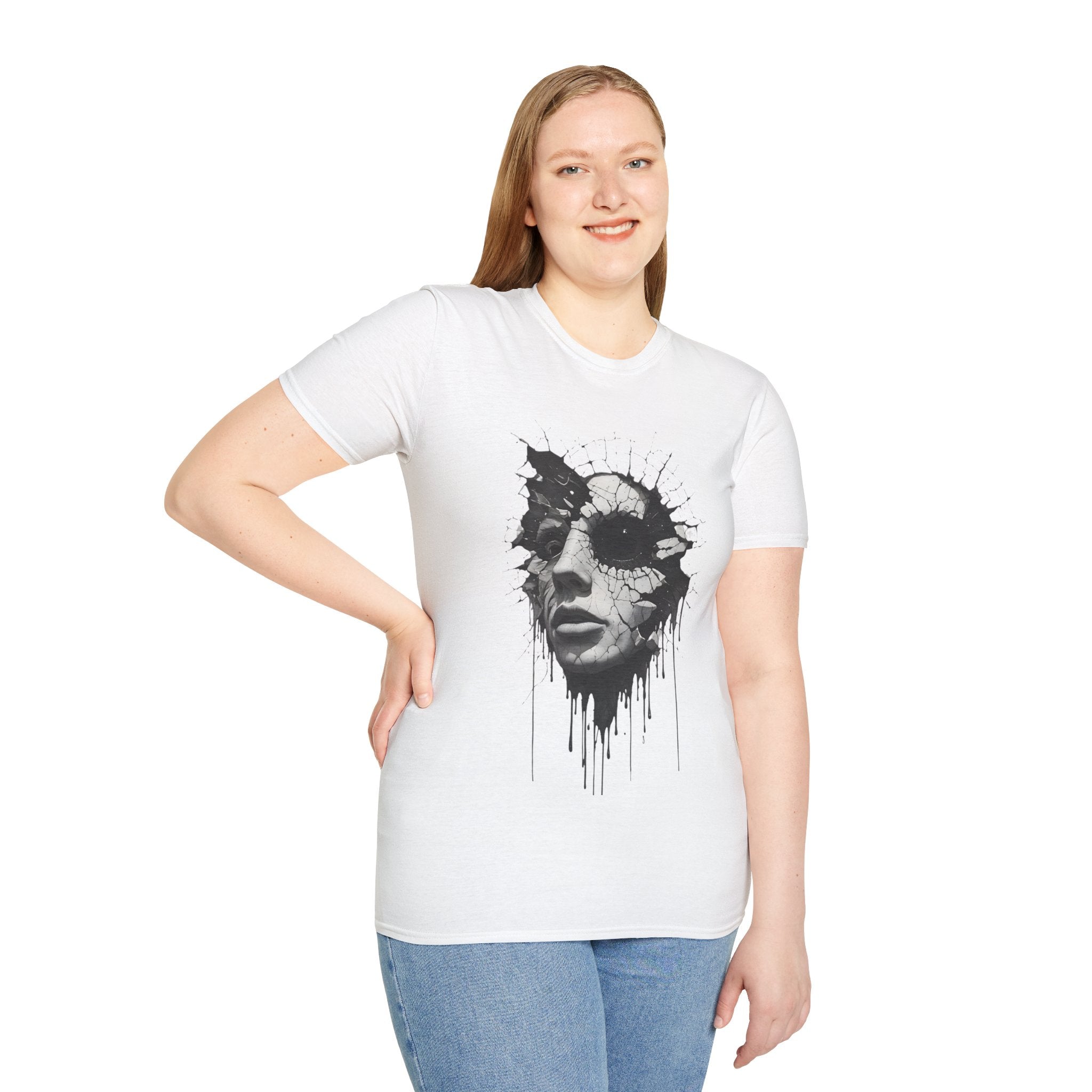 Abstract Shattered Face T-Shirt — Monochrome Drip Art Tee
