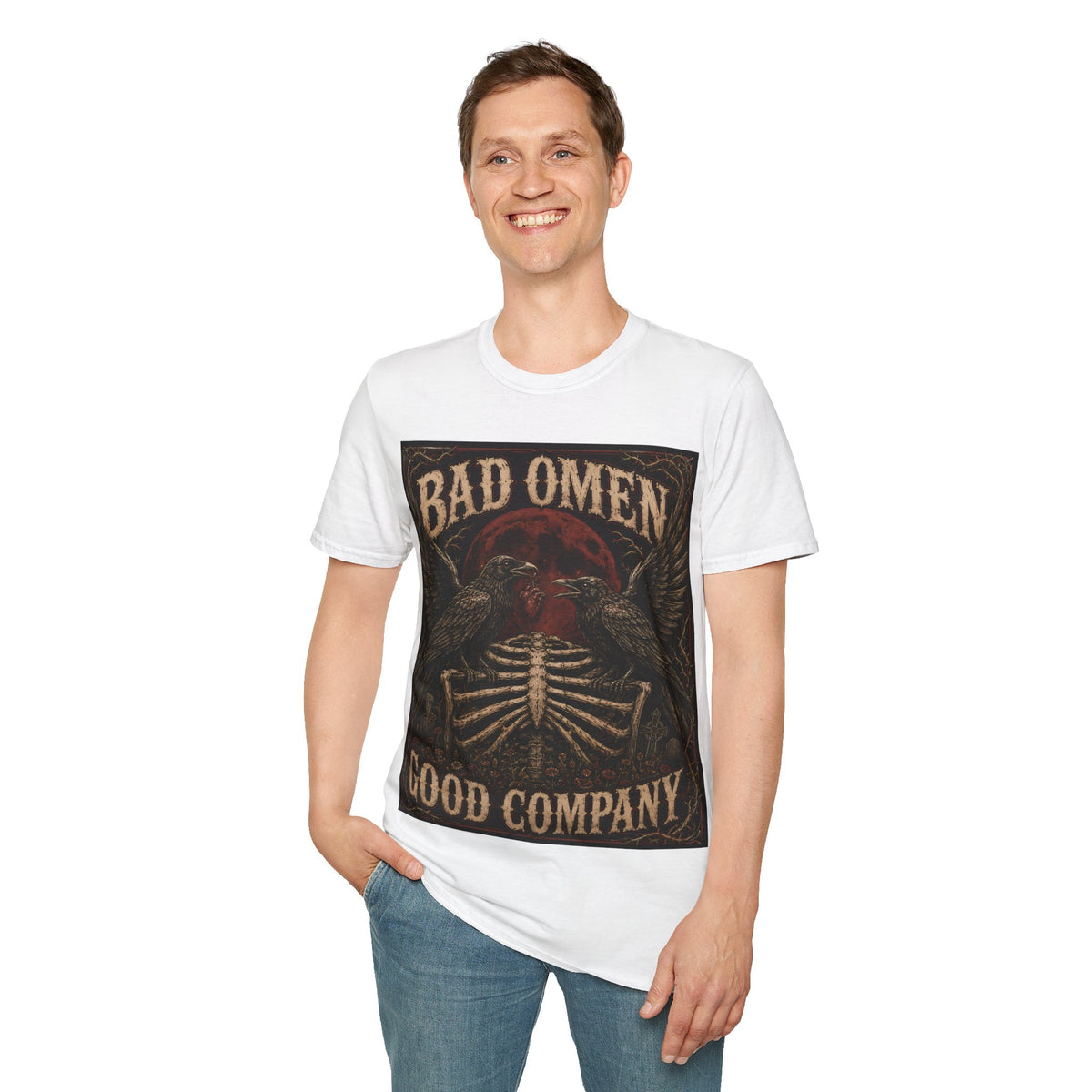 Bad Omen Graphic T‑Shirt — Gothic Raven Skeleton Retro Band Tee