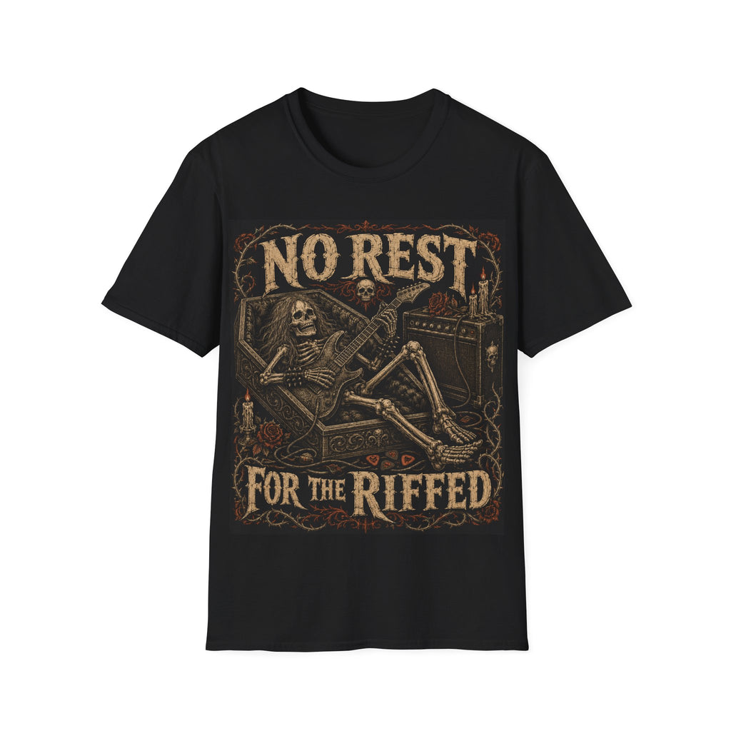 No Rest For the Riffed T-Shirt — Vintage Rock Guitar Skeleton Tee