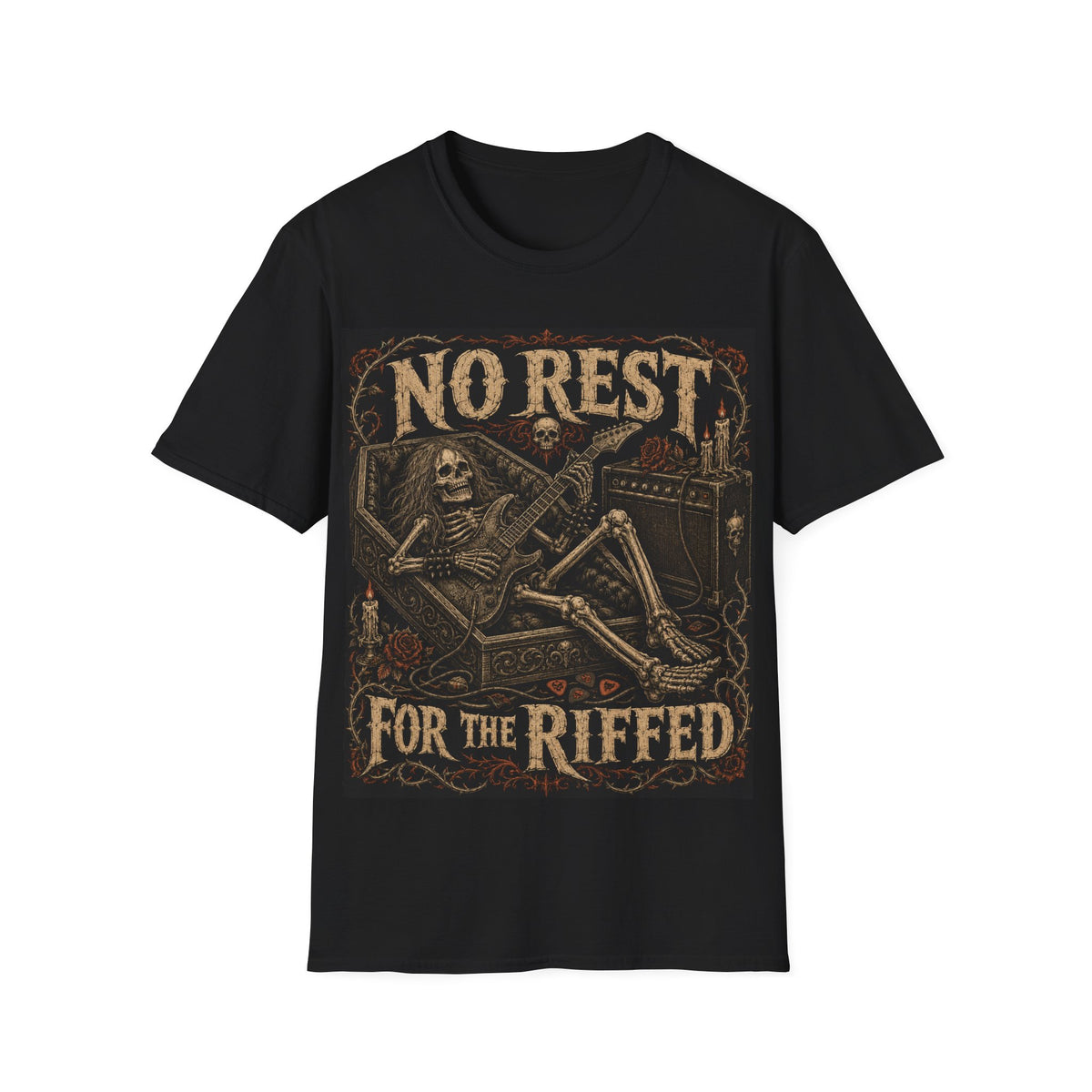 No Rest For the Riffed T-Shirt — Vintage Rock Guitar Skeleton Tee