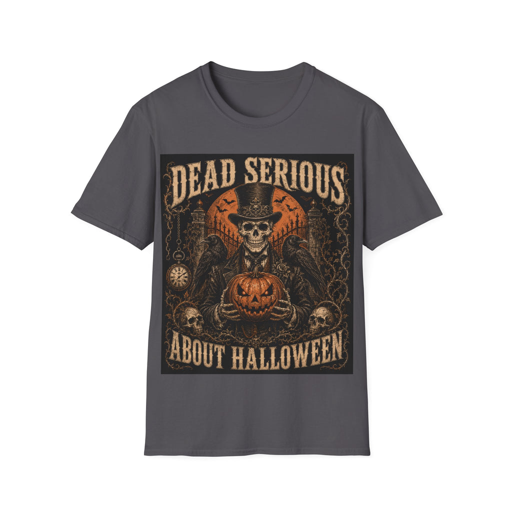 Halloween T-Shirt — "Dead Serious About Halloween" Skull & Pumpkin Vintage Design