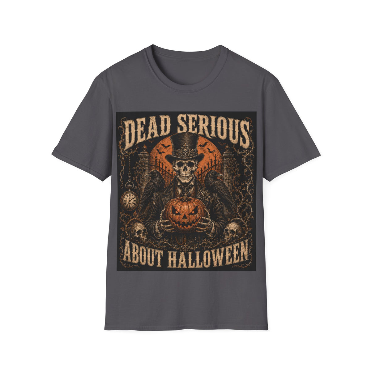Halloween T-Shirt — "Dead Serious About Halloween" Skull & Pumpkin Vintage Design