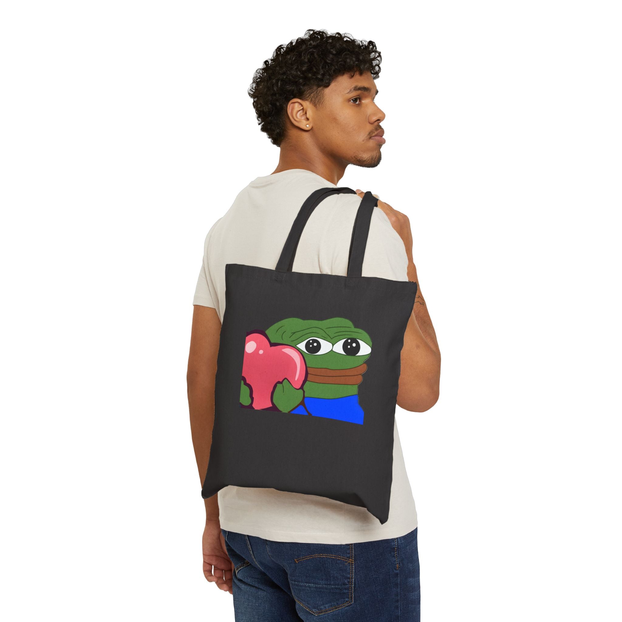 Pepe Heart Tote Bag — Cute Frog Holding Heart Cotton Canvas Tote