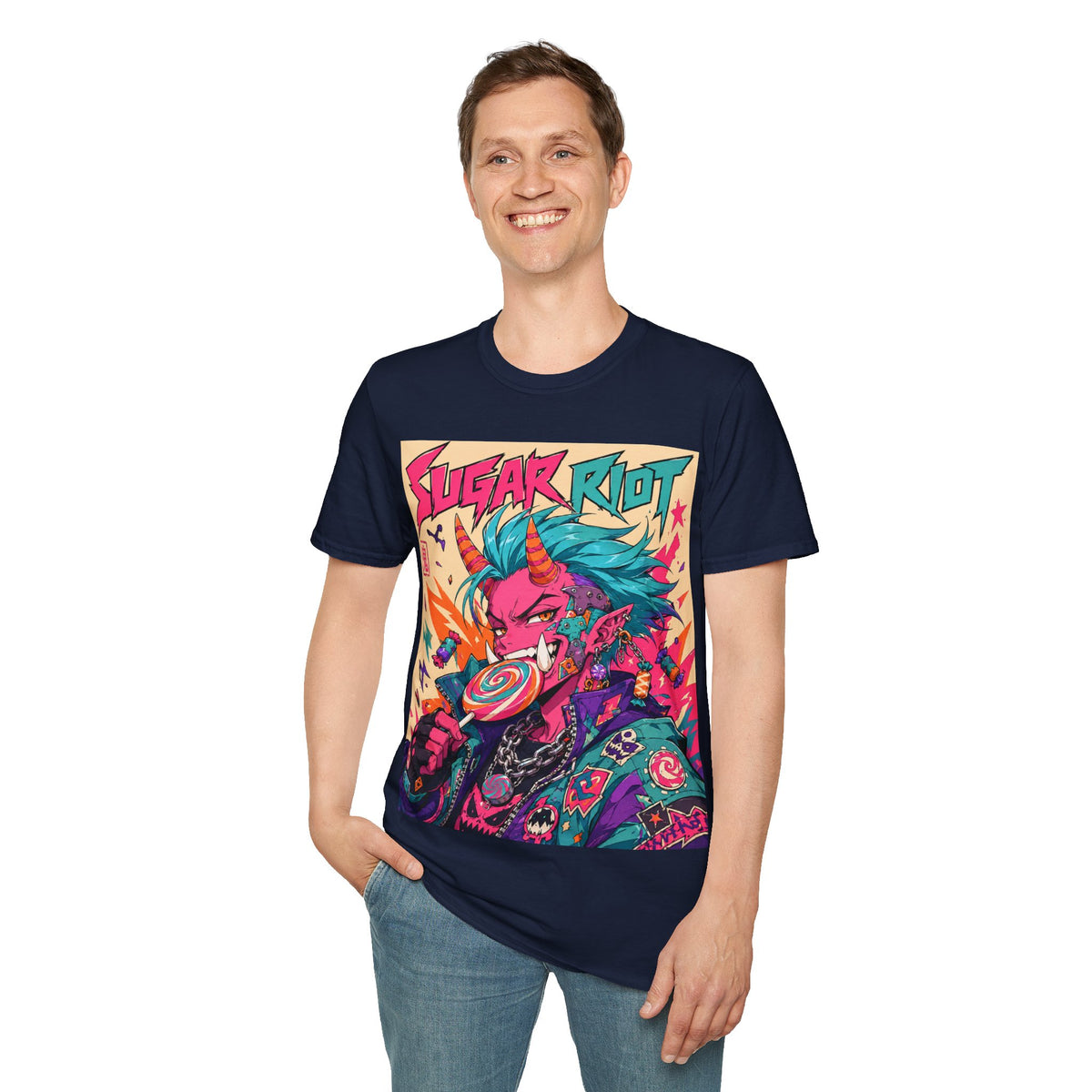 Sugar Riot T‑Shirt — Colorful Punk Unicorn Candy Skull Graphic Tee