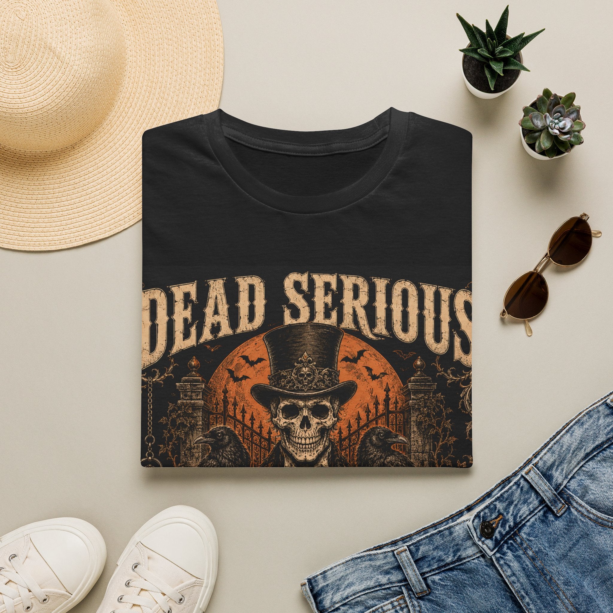 Halloween T-Shirt — "Dead Serious About Halloween" Skull & Pumpkin Vintage Design