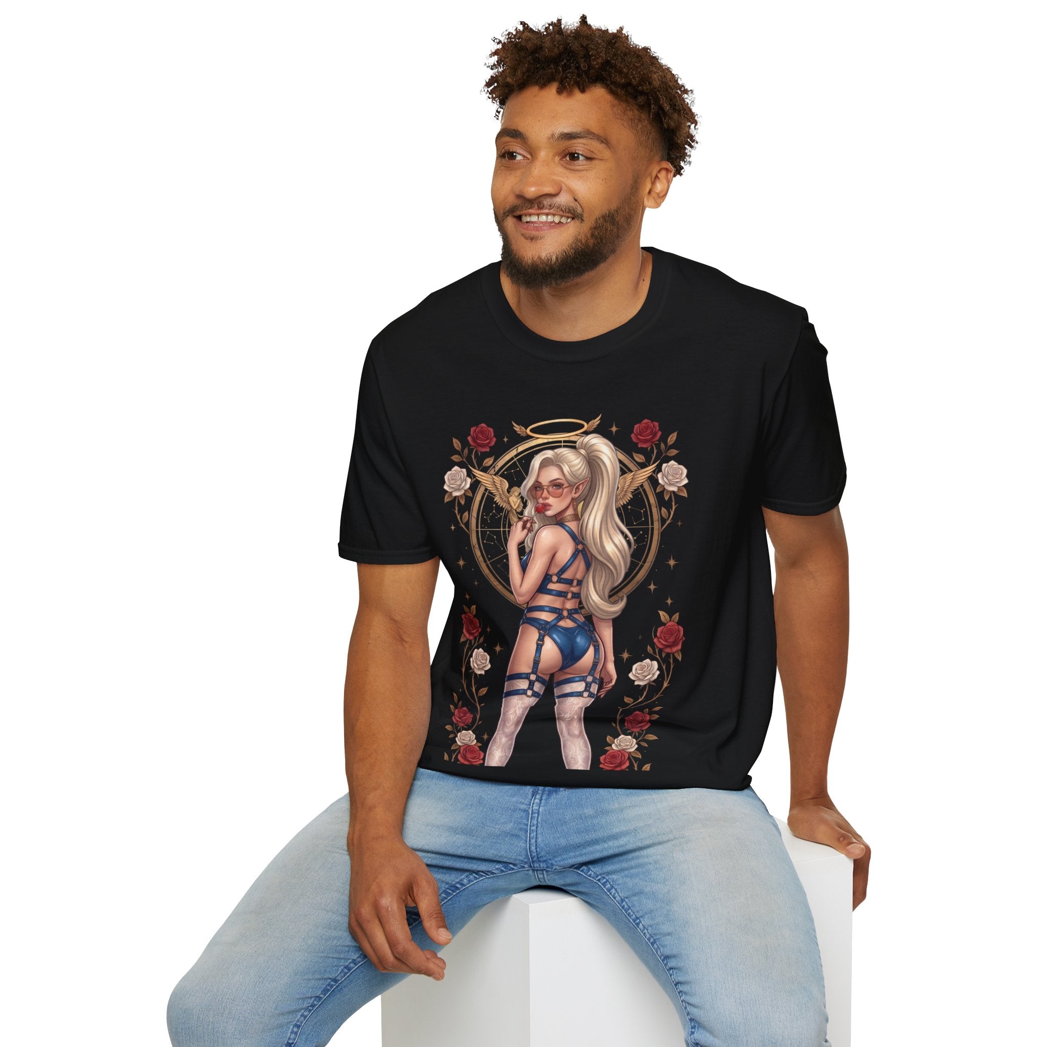 Sexy Angel Blonde Pin-Up Girl T Shirt - Rose Halo Graphic T-Shirt