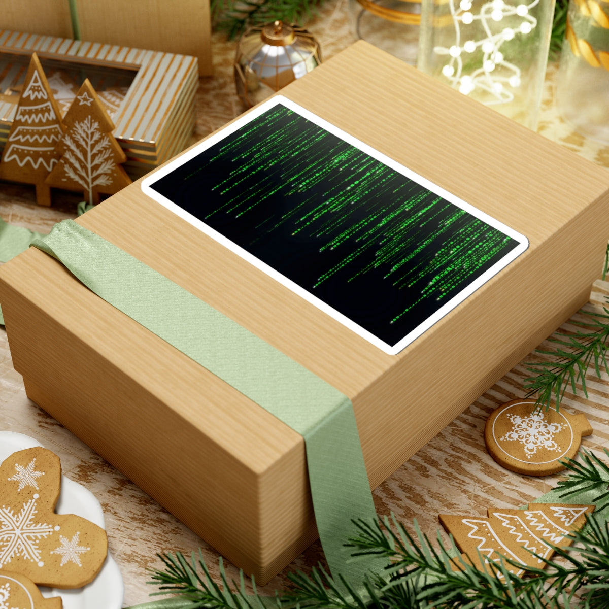 Matrix Code Kiss-Cut Sticker — Green Digital Rain Laptop Decal