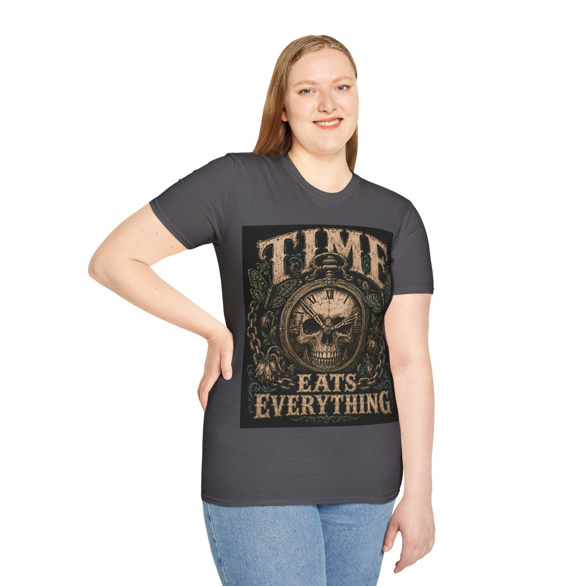 TIME Eats Everything T-Shirt — Vintage Clock & Skull Graphic Tee