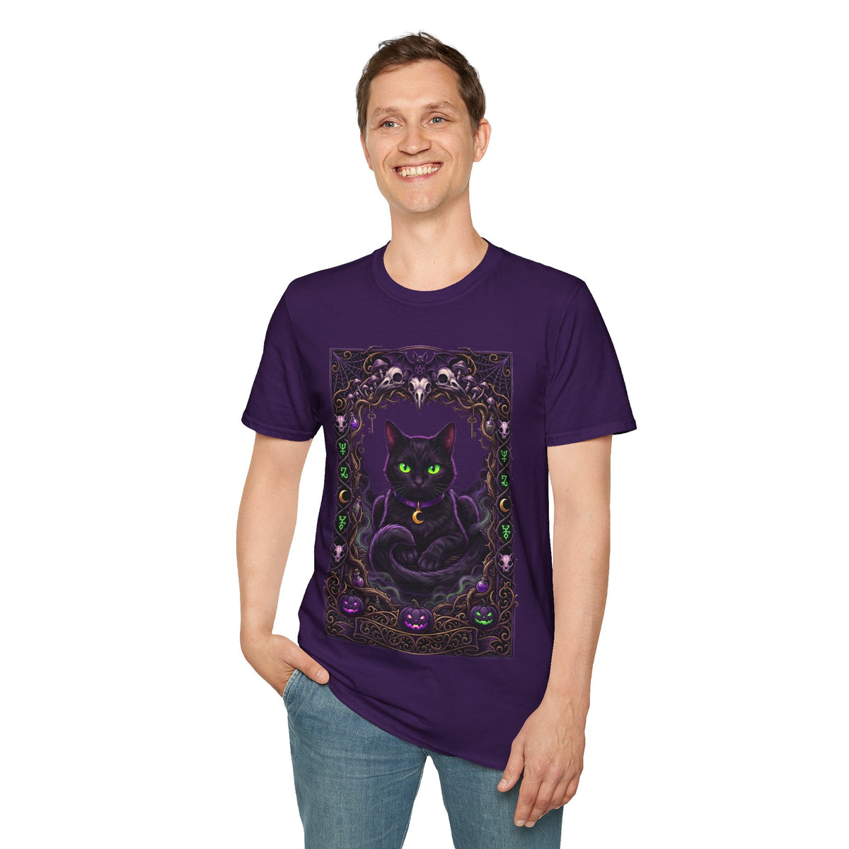 Mystic Green-Eyed Cat Tee - Gothic Occult Cat Graphic T-Shirt