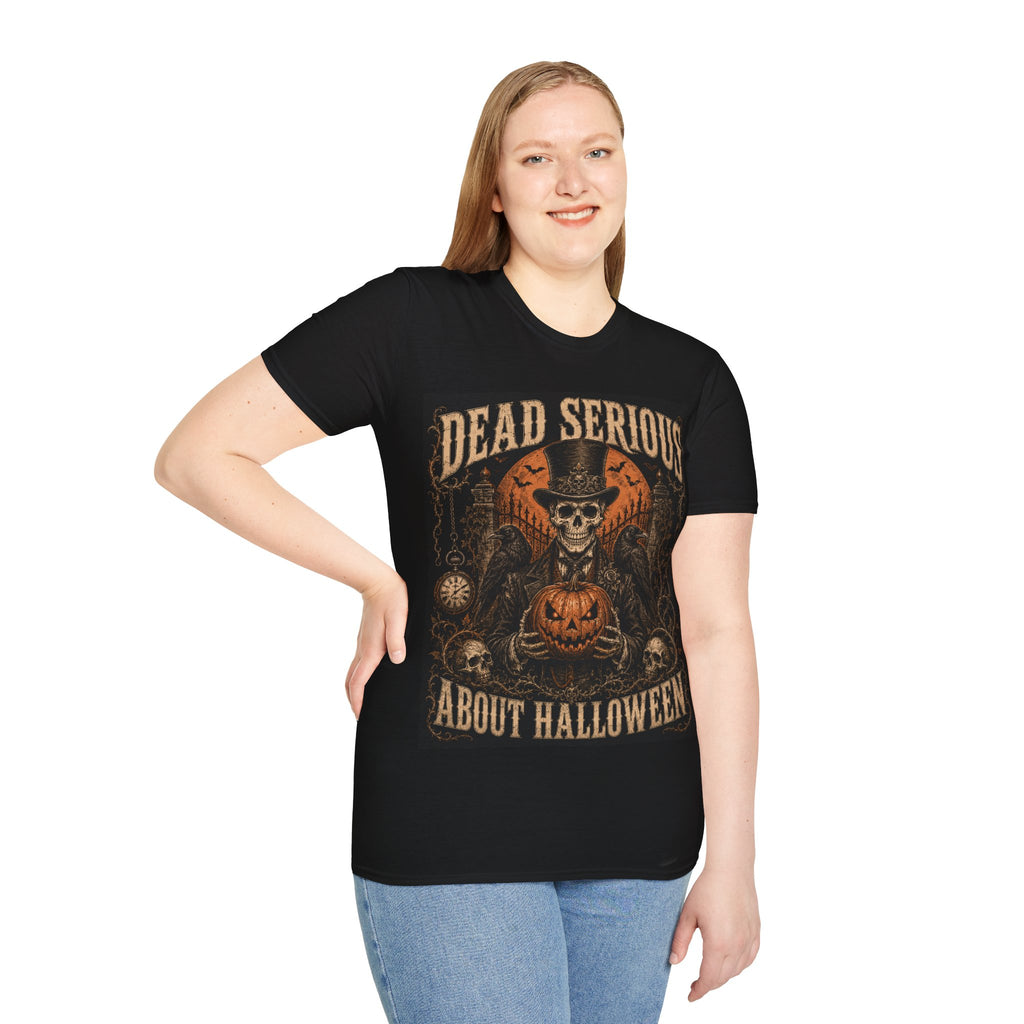 Halloween T-Shirt — "Dead Serious About Halloween" Skull & Pumpkin Vintage Design