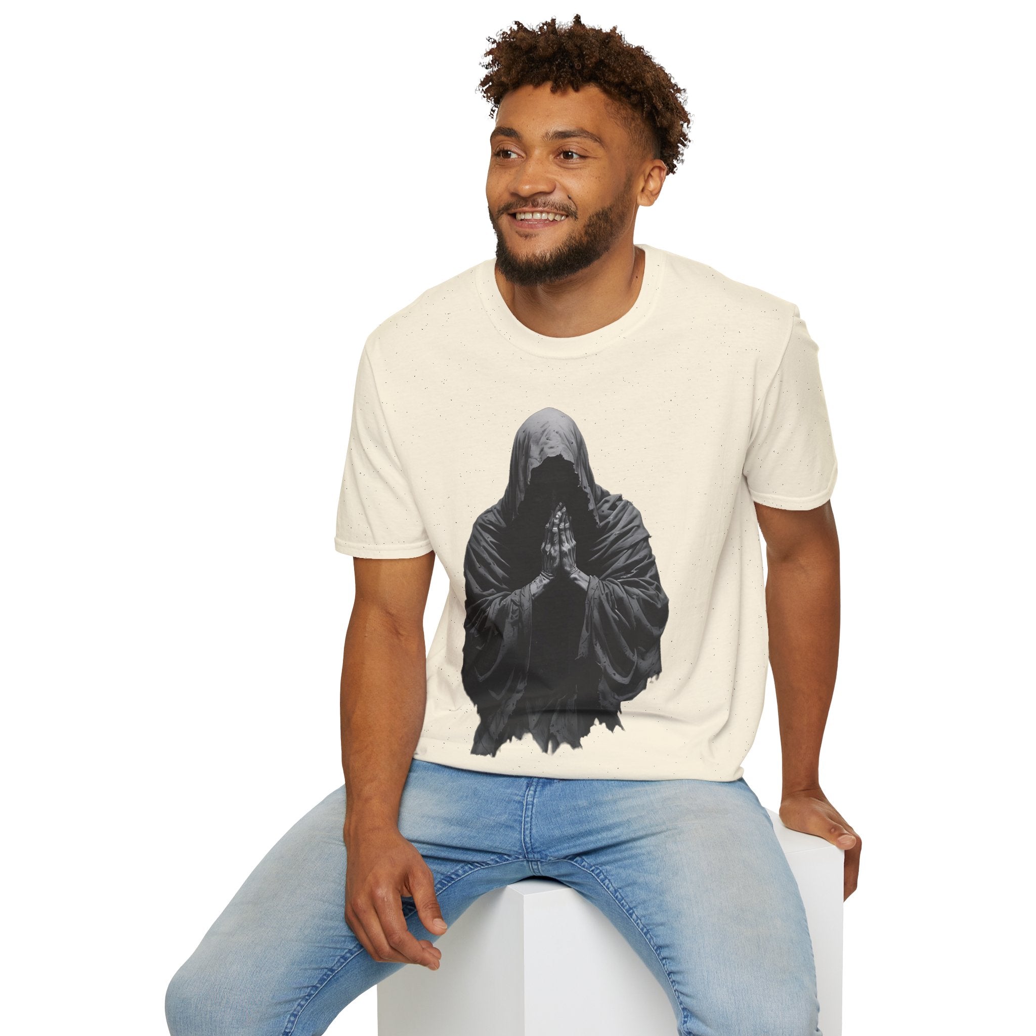 Hooded Figure Prayer T‑Shirt — Gothic Mystical Graphic Tee