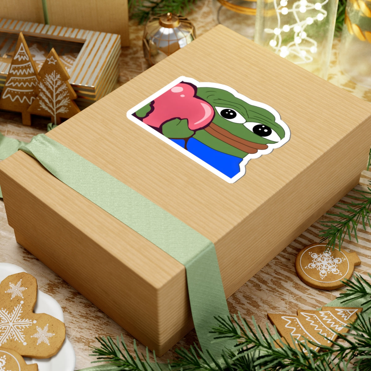 Pepe Heart Sticker — Cute Sad Frog Holding Pink Heart Kiss-Cut Sticker