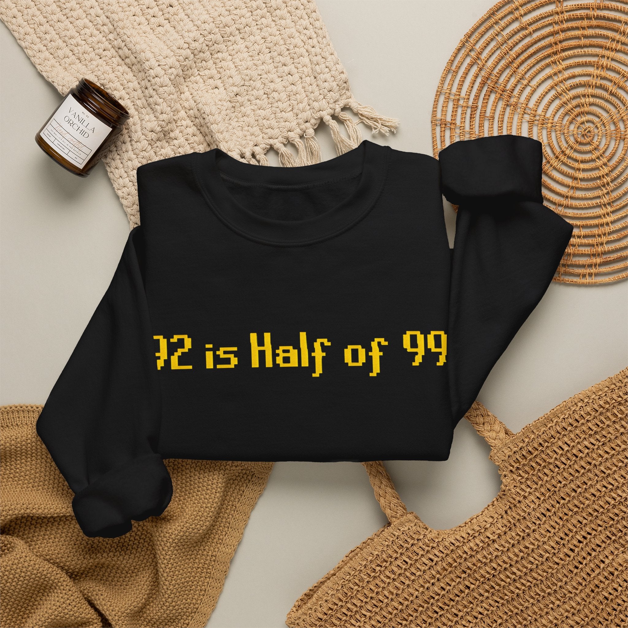 Crewneck Sweatshirt — "92 is Half of 99" Retro Yellow Text