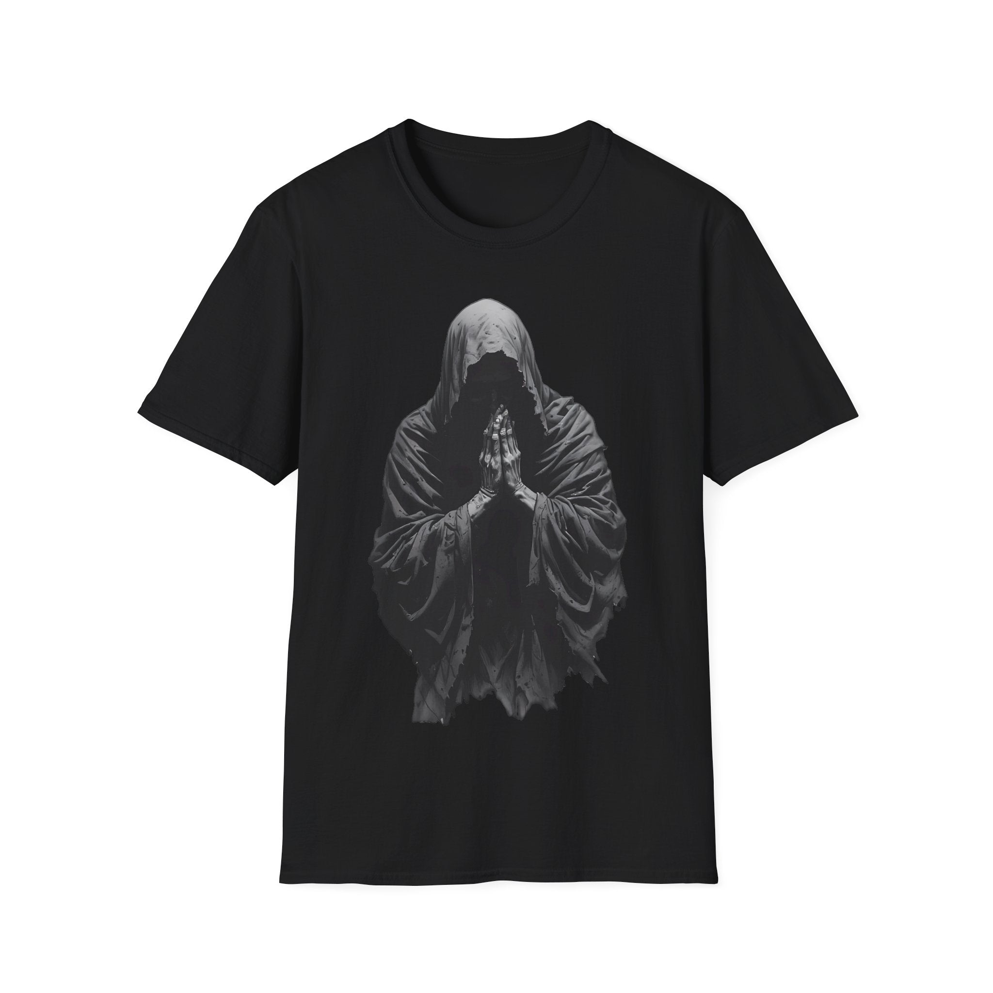 Hooded Figure Prayer T‑Shirt — Gothic Mystical Graphic Tee