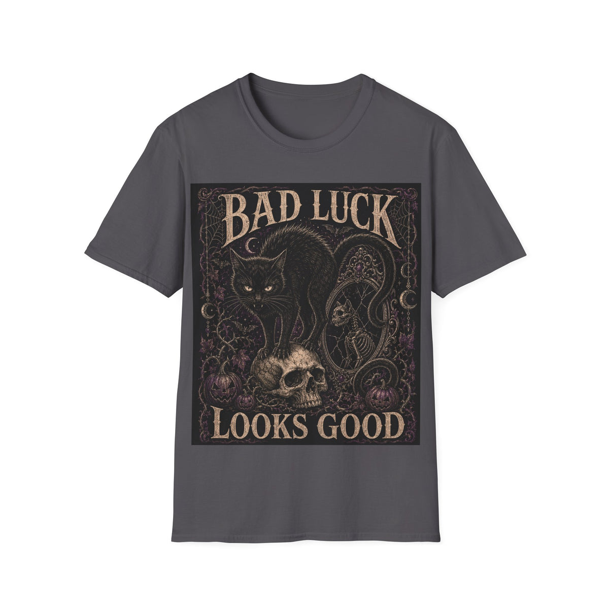 Bad Luck Black Cat Graphic T-Shirt — Gothic Skull Vintage Tattoo Tee