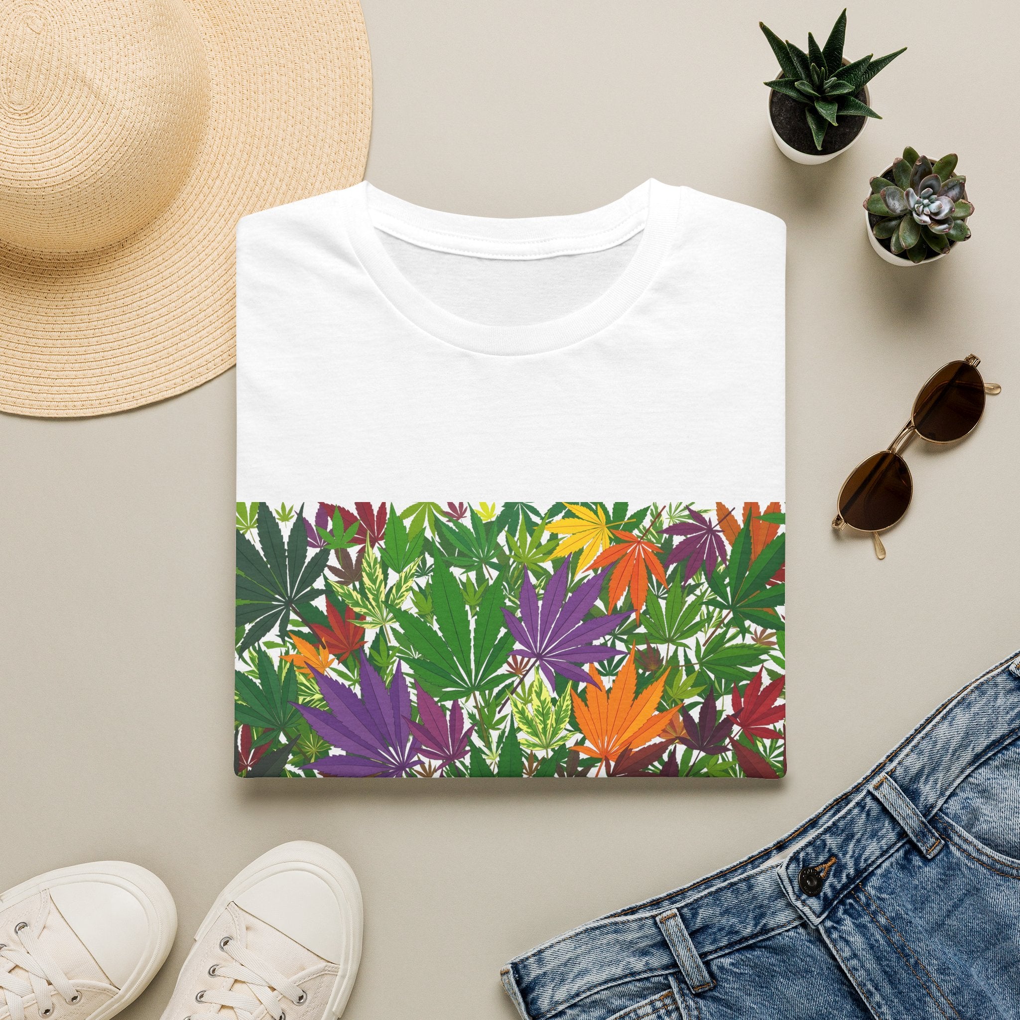 Cannabis Leaf Floral Tee — Colorful Marijuana Pattern T-Shirt
