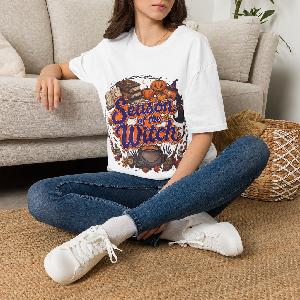 Season of the Witch Halloween T-Shirt — Pumpkin, Witch Hat & Spellbook Tee