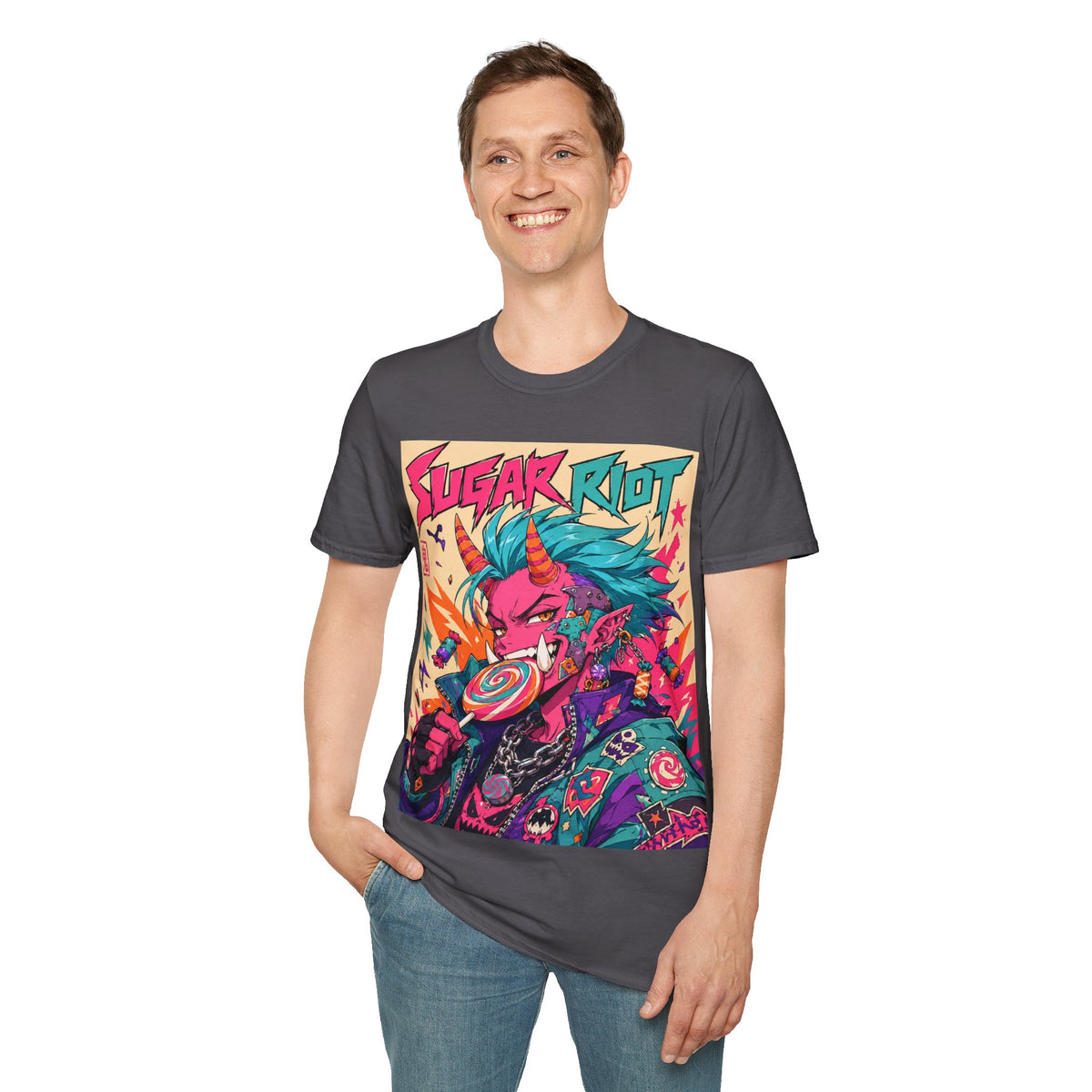 Sugar Riot T‑Shirt — Colorful Punk Unicorn Candy Skull Graphic Tee