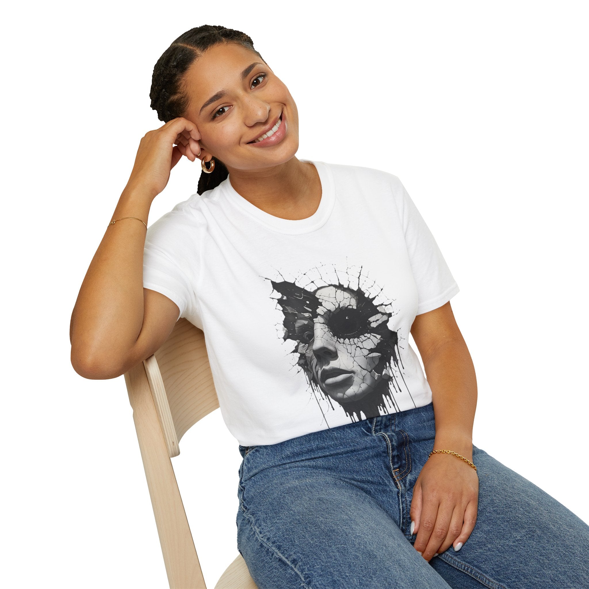 Abstract Shattered Face T-Shirt — Monochrome Drip Art Tee