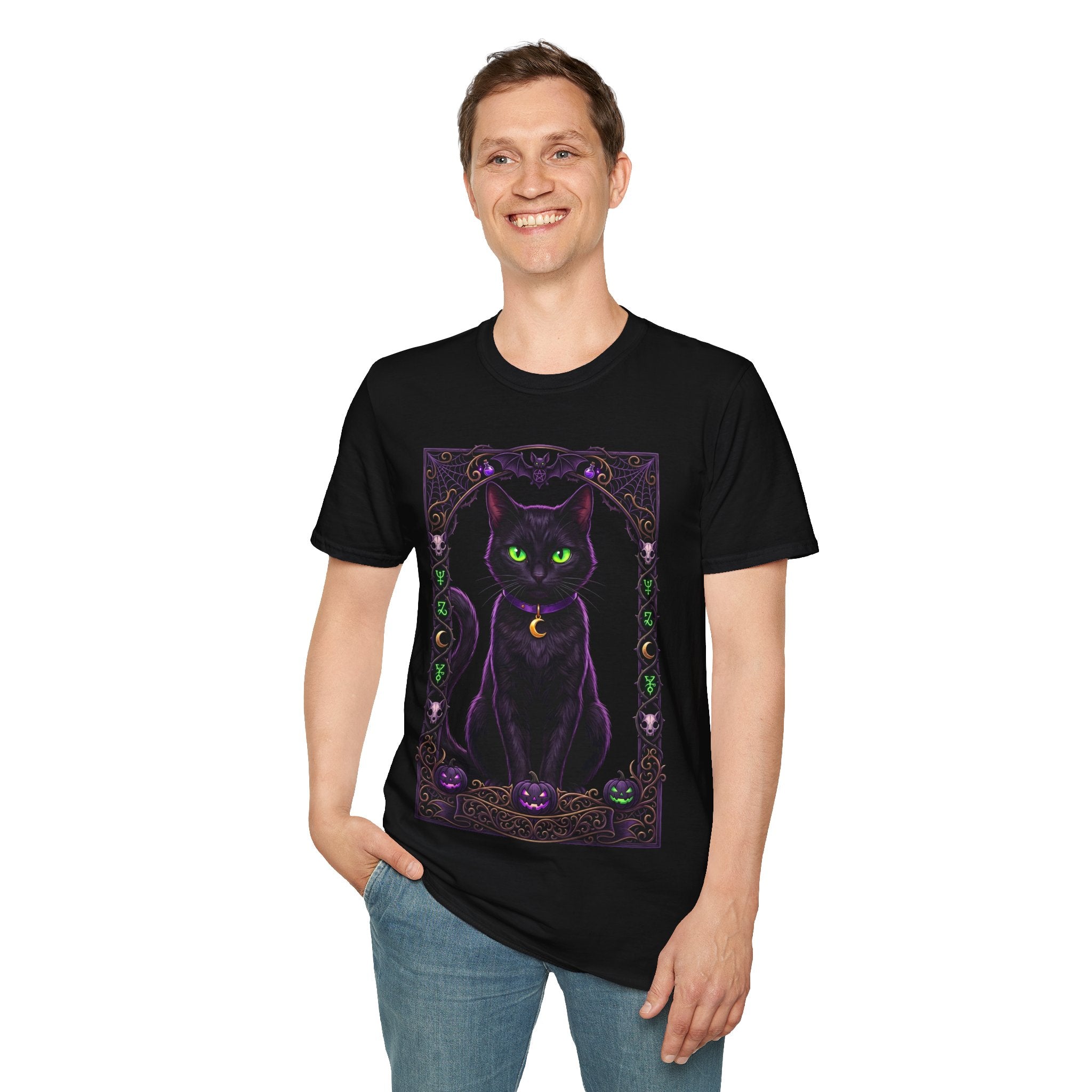 Mystic Black Cat T‑Shirt — Glowing Green Eyes Witchy Tee