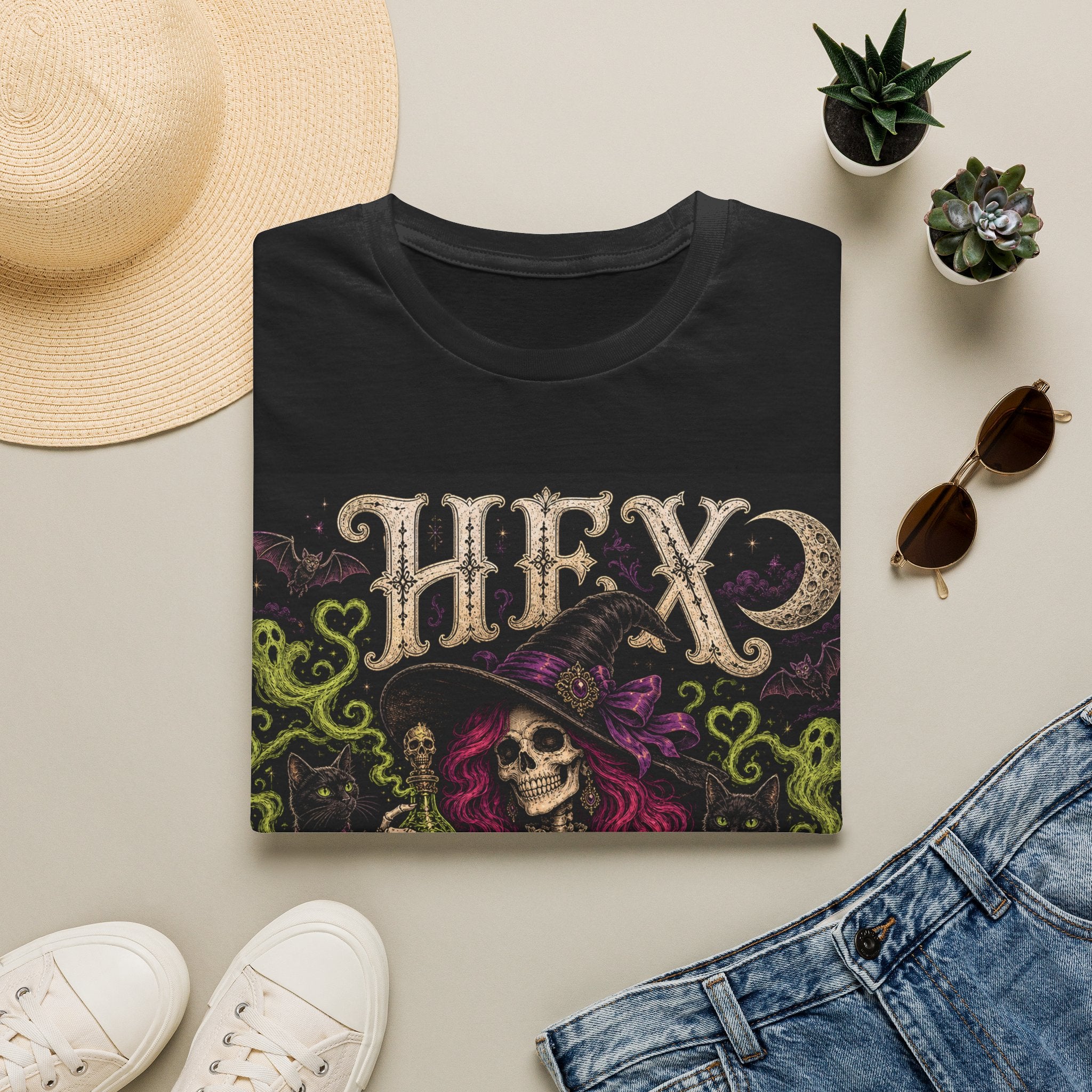 Witchy Halloween T‑Shirt — 'Hex Appears' Skull Witch Graphic Tee