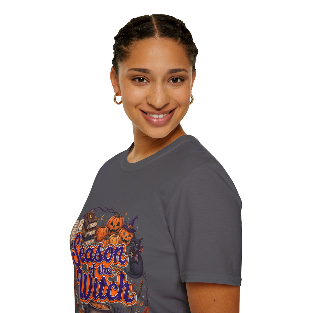 Season of the Witch Halloween T-Shirt — Pumpkin, Witch Hat & Spellbook Tee