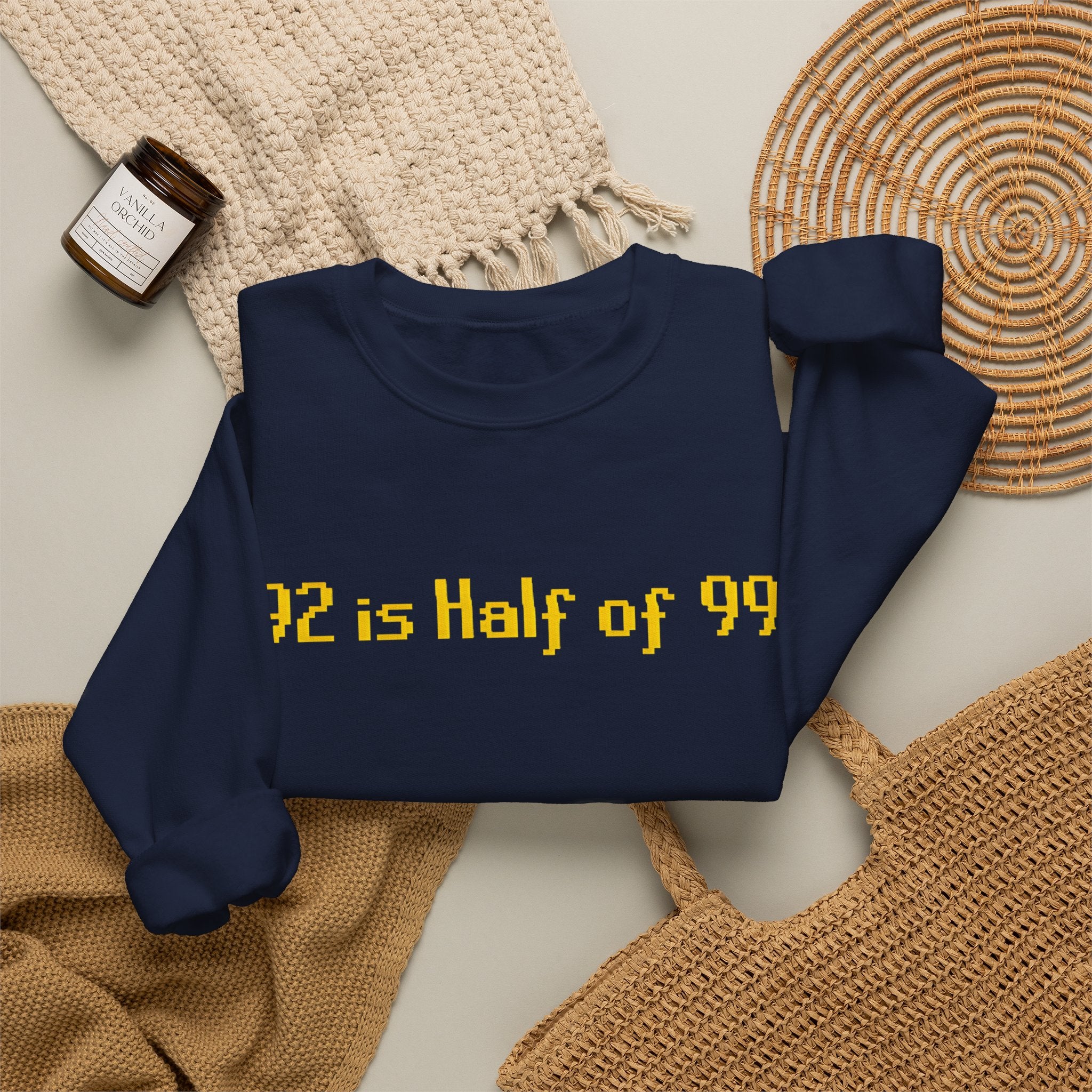 Crewneck Sweatshirt — "92 is Half of 99" Retro Yellow Text