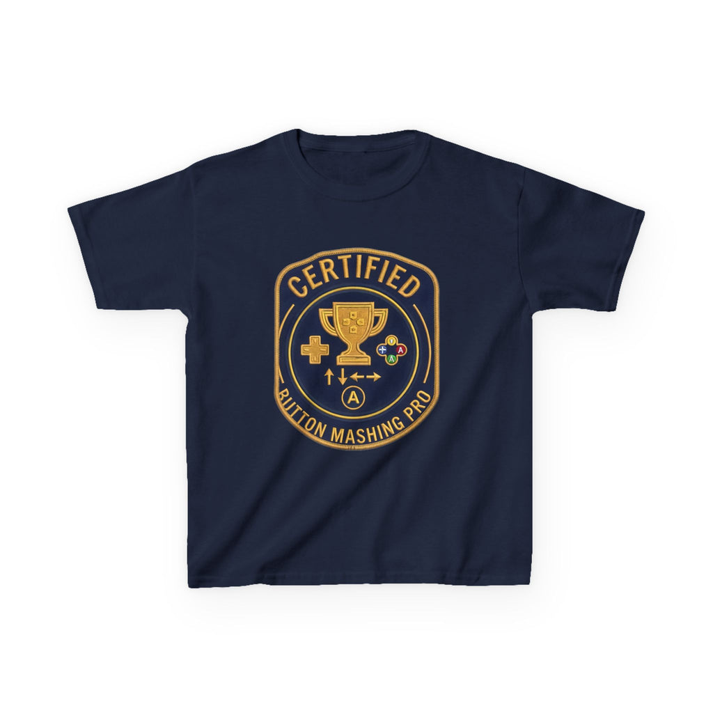 Kids Tee — "Certified Button Mashing Pro" Retro Gamer Badge