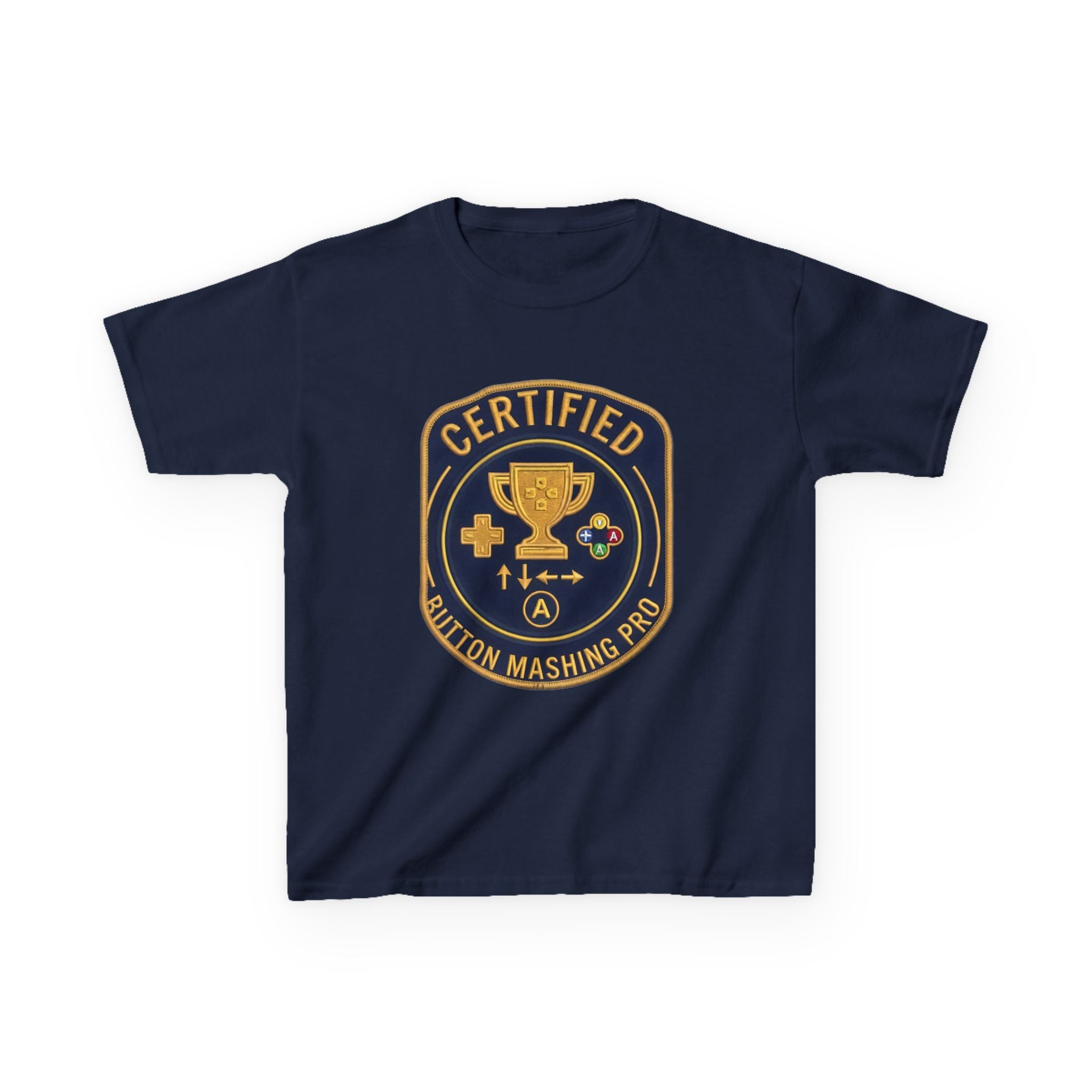 Kids Tee — "Certified Button Mashing Pro" Retro Gamer Badge
