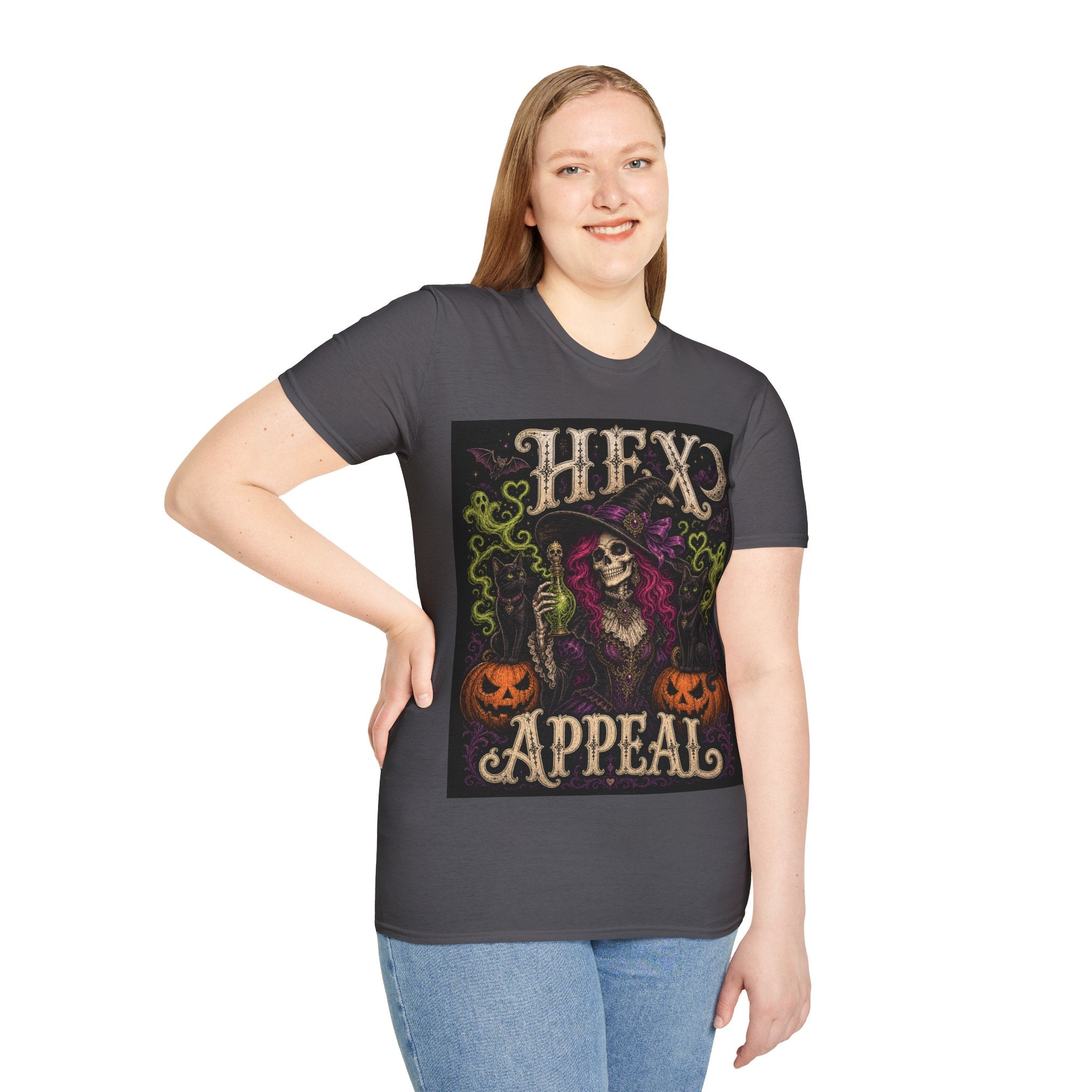 Witchy Halloween T‑Shirt — 'Hex Appears' Skull Witch Graphic Tee