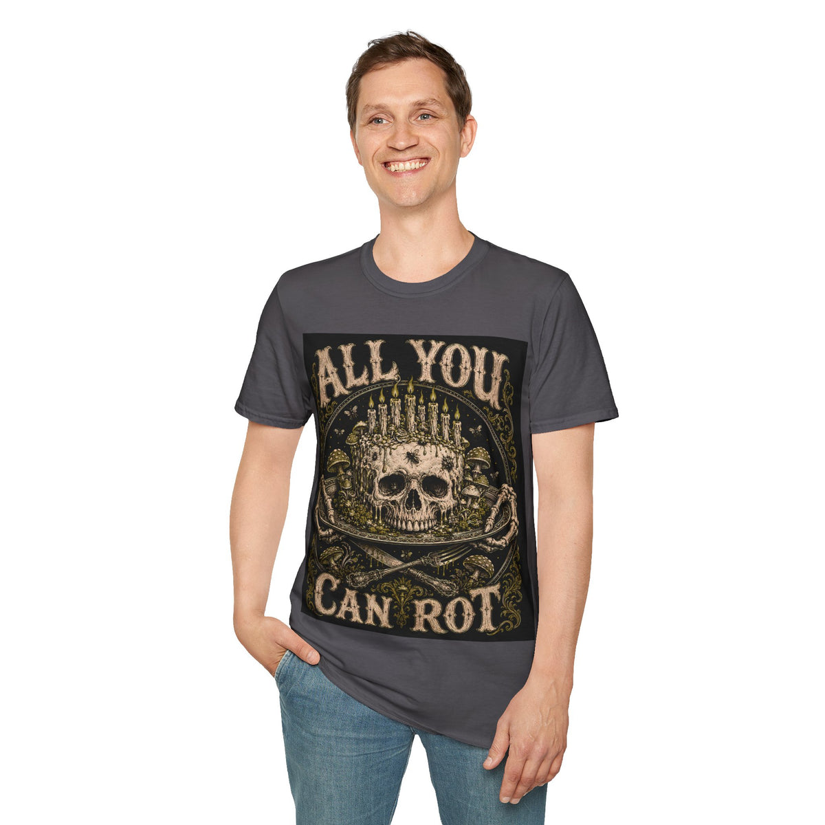 Skull Candle Crown T‑Shirt — "All You Can Rot" Vintage Gothic Tee
