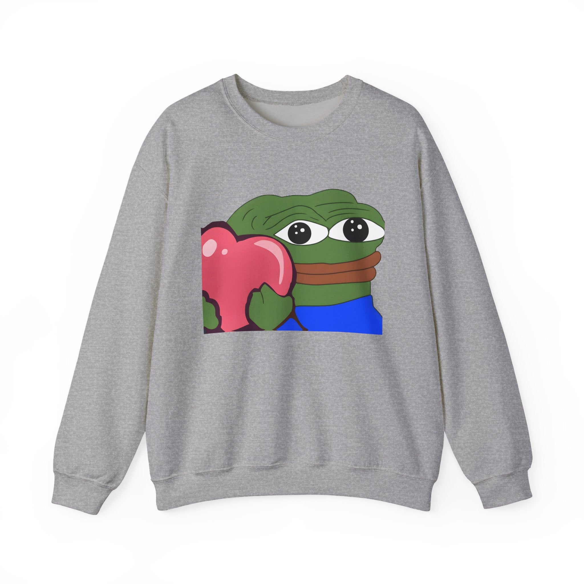 Pepe Heart Crewneck Sweatshirt - Cute Pepe Holding Pink Heart Graphic