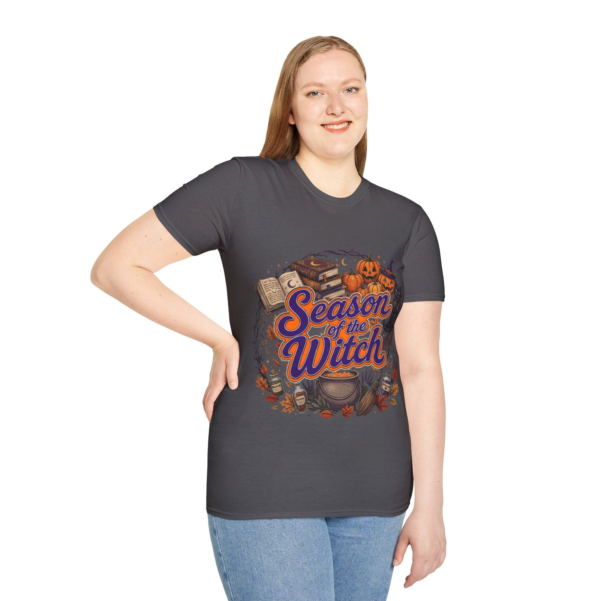 Season of the Witch Halloween T-Shirt — Pumpkin, Witch Hat & Spellbook Tee