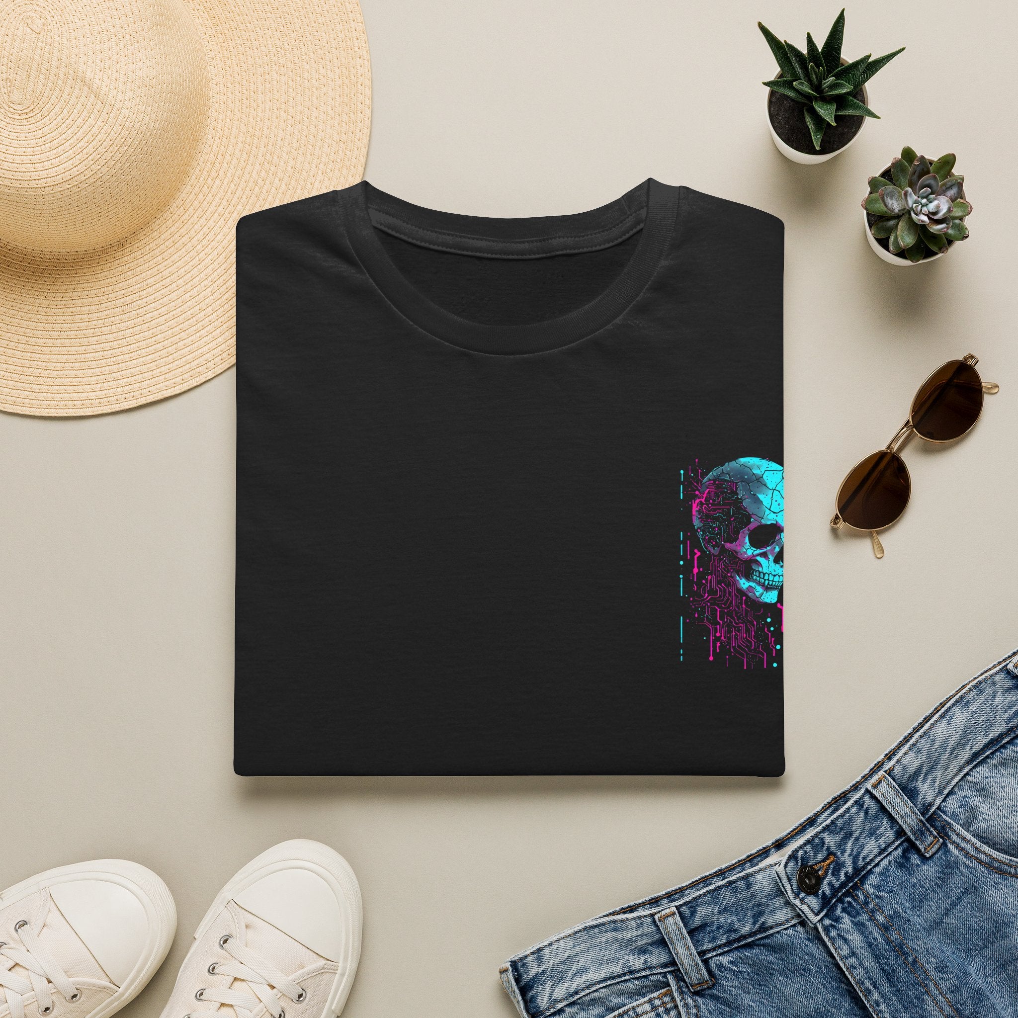 Skull Glitch T-Shirt — Neon Cyberpunk Pocket Graphic