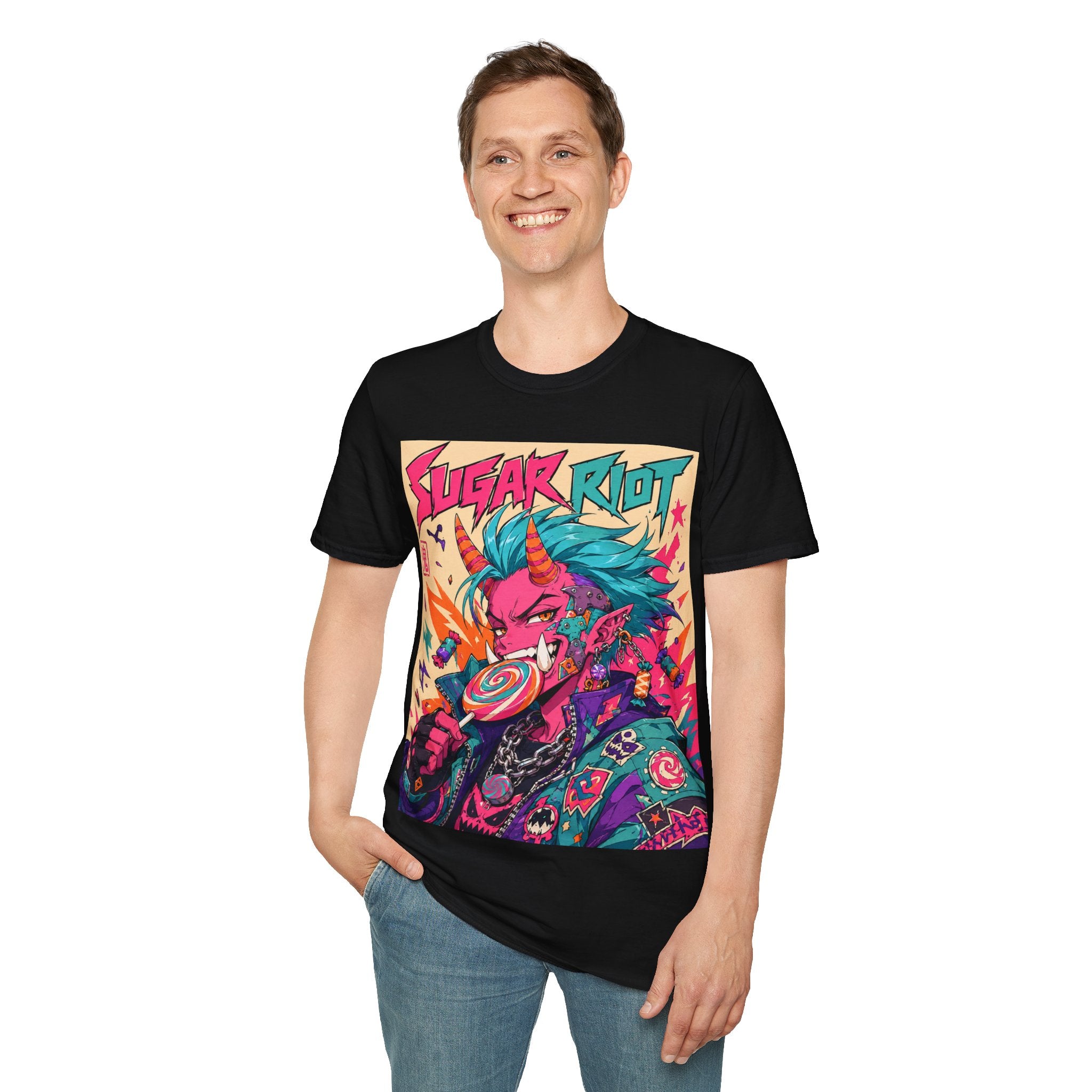Sugar Riot T‑Shirt — Colorful Punk Unicorn Candy Skull Graphic Tee