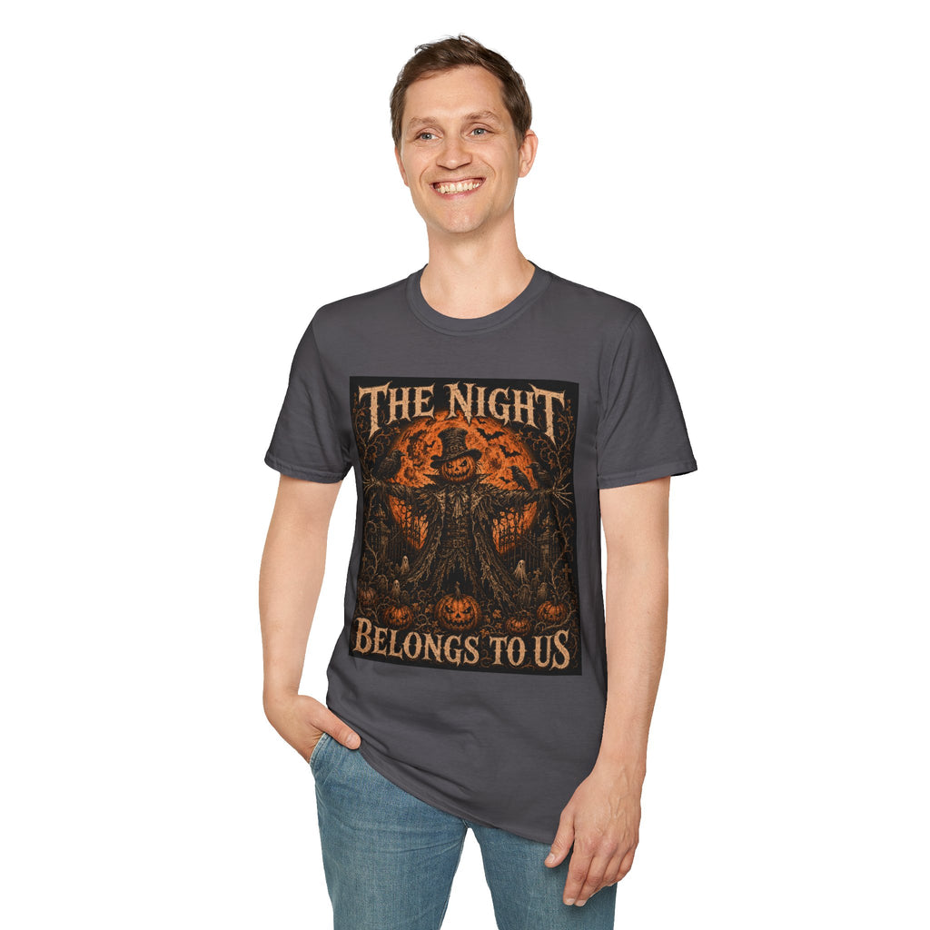 Halloween Scarecrow T-Shirt — "The Night Belongs To" Spooky Pumpkin Graphic