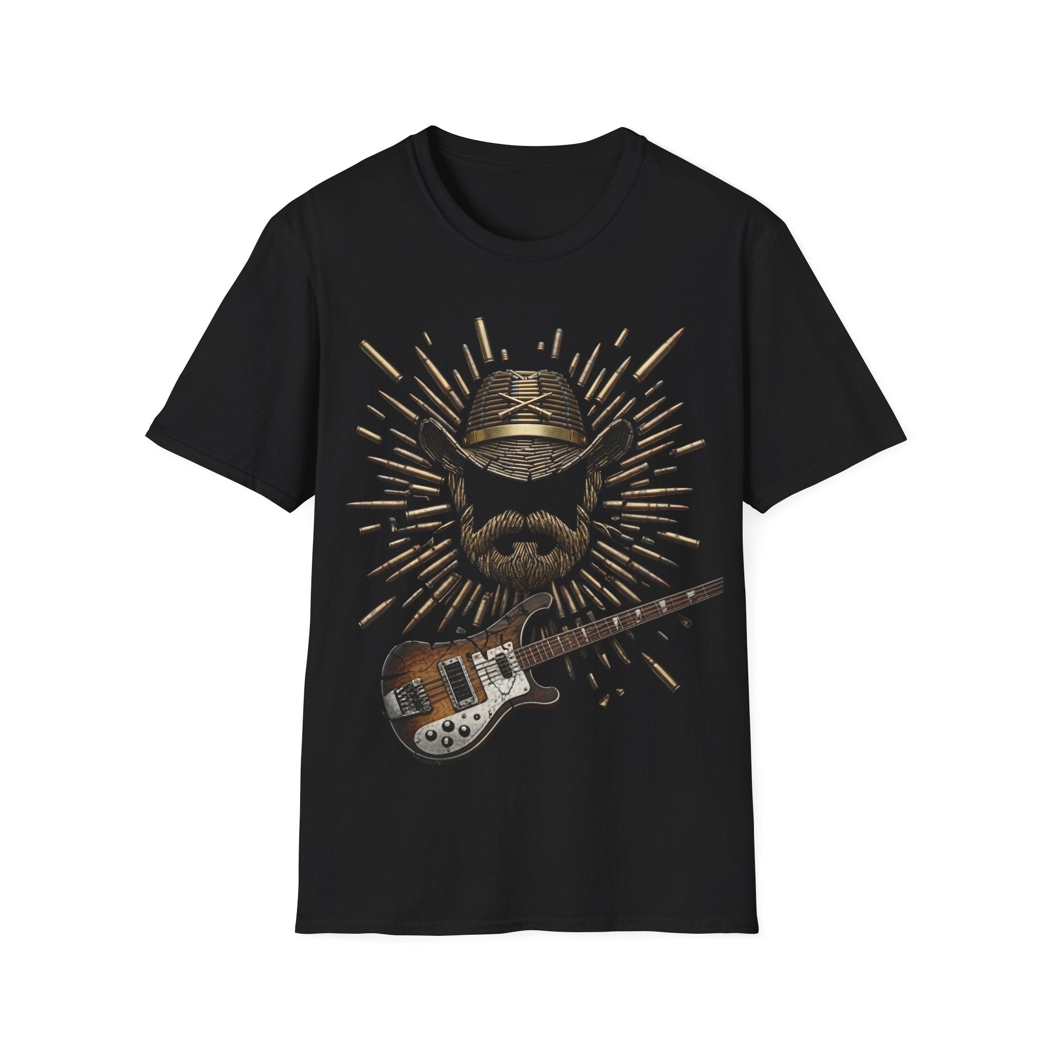 Rock Beard Guitar Motorhead Lemmy Style T‑Shirt — Vintage Skull Cap & Guitar Graphic Tee