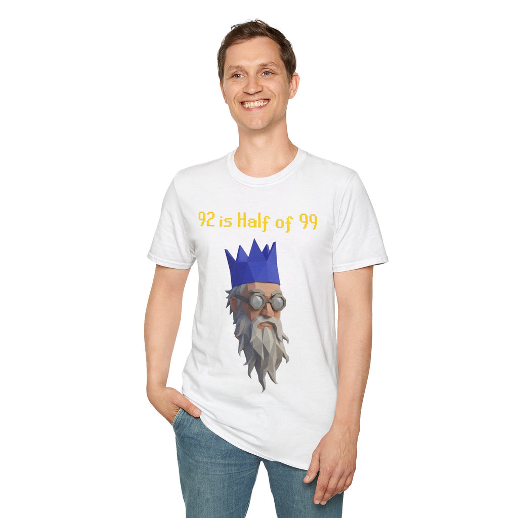 “92 is half of 99” Graphic T‑Shirt — Retro Pixel King Math Humor Tee