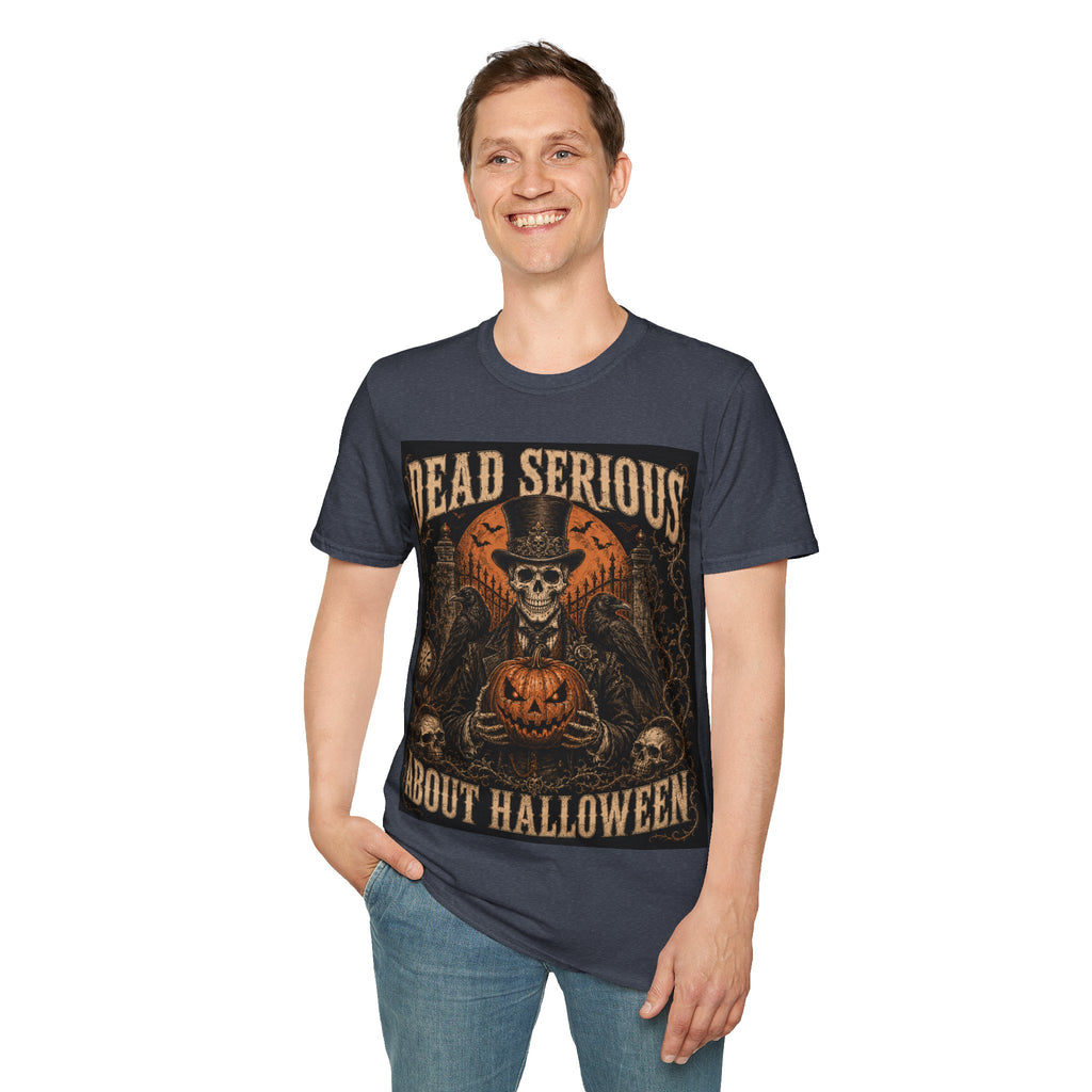 Halloween T-Shirt — "Dead Serious About Halloween" Skull & Pumpkin Vintage Design