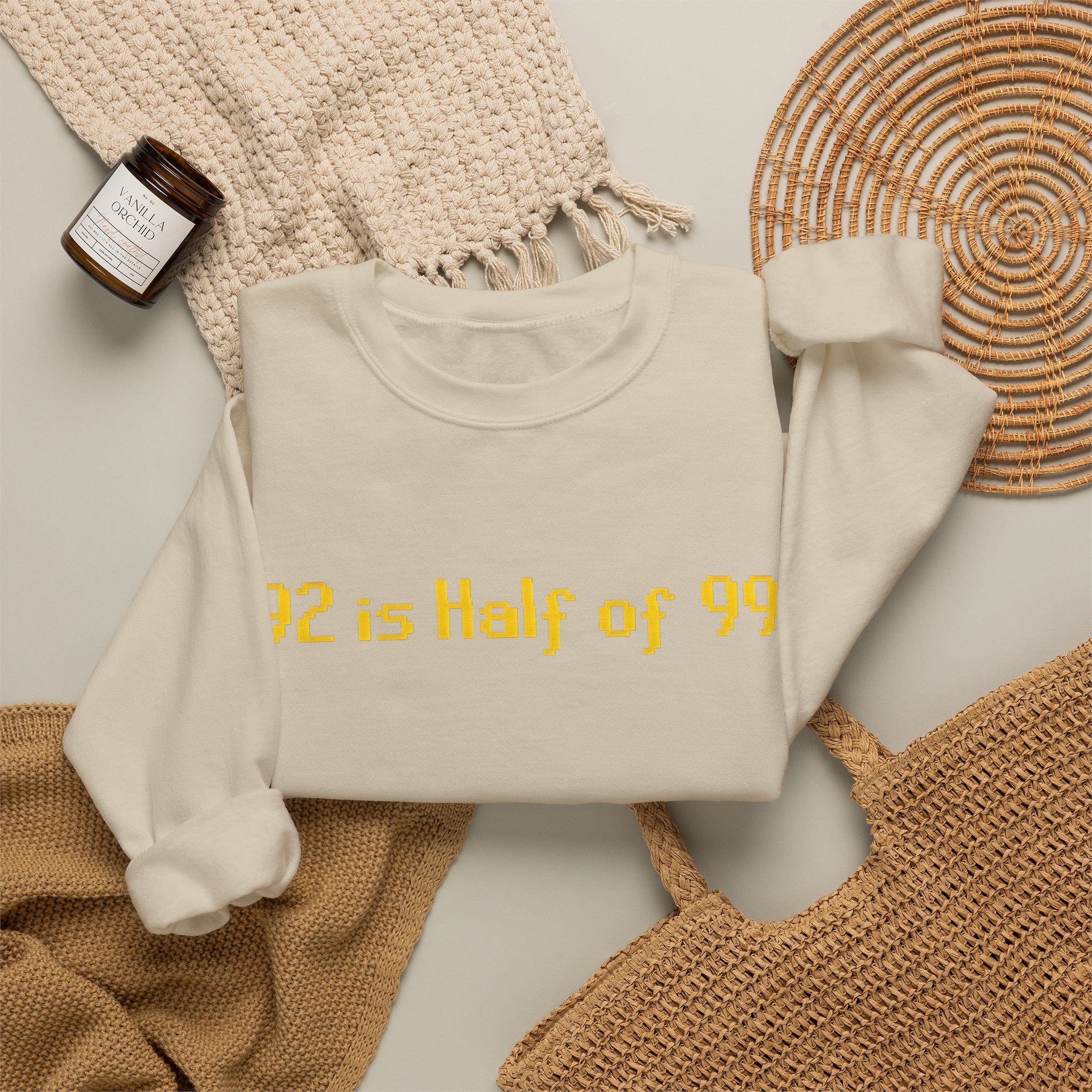Crewneck Sweatshirt — "92 is Half of 99" Retro Yellow Text