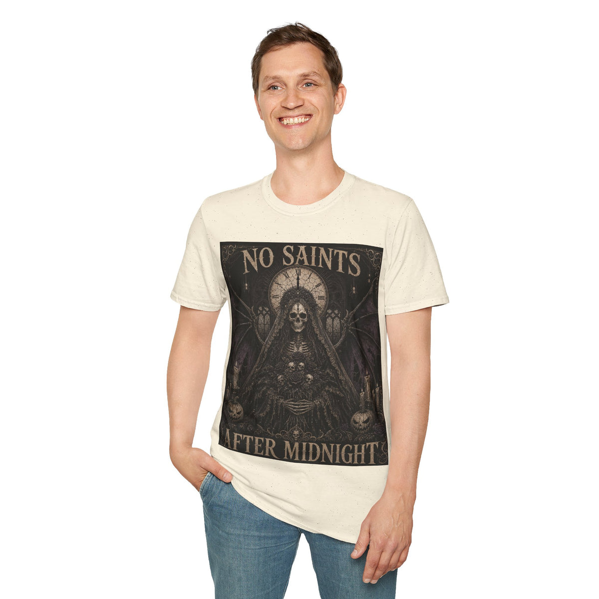 No Saints Graphic T-Shirt — Gothic Skull Clock Design