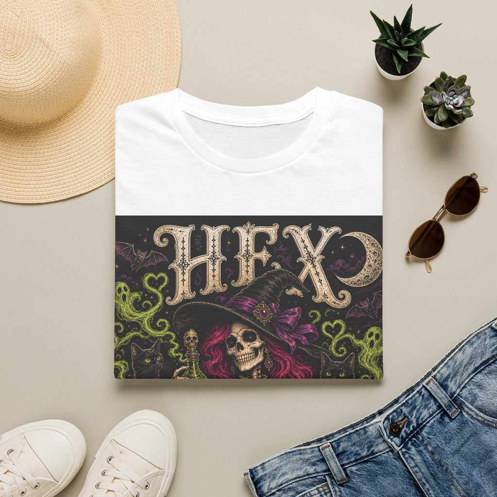 Witchy Halloween T‑Shirt — 'Hex Appears' Skull Witch Graphic Tee