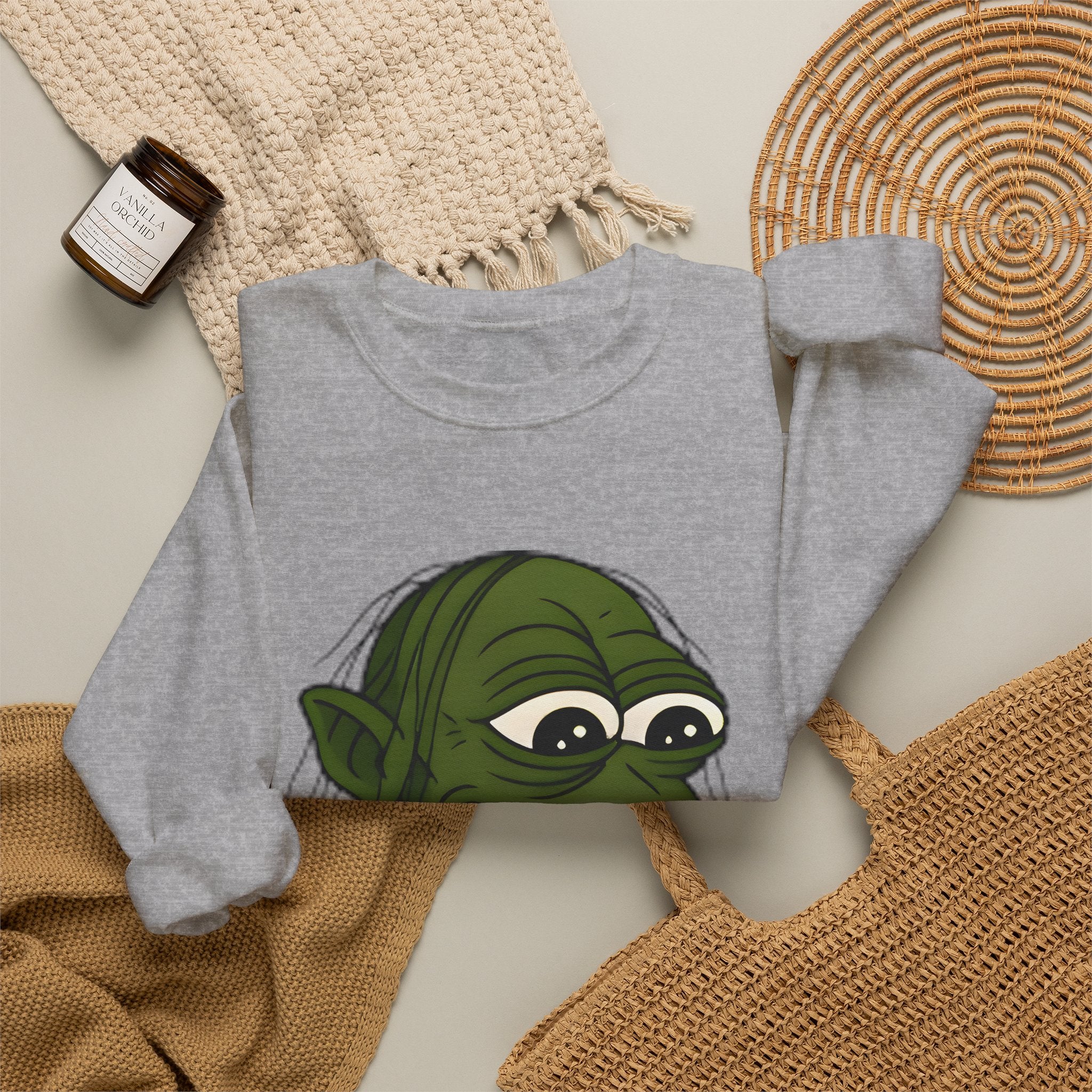 Crewneck Sweatshirt — Cartoon Goblin Holding Ring Graphic