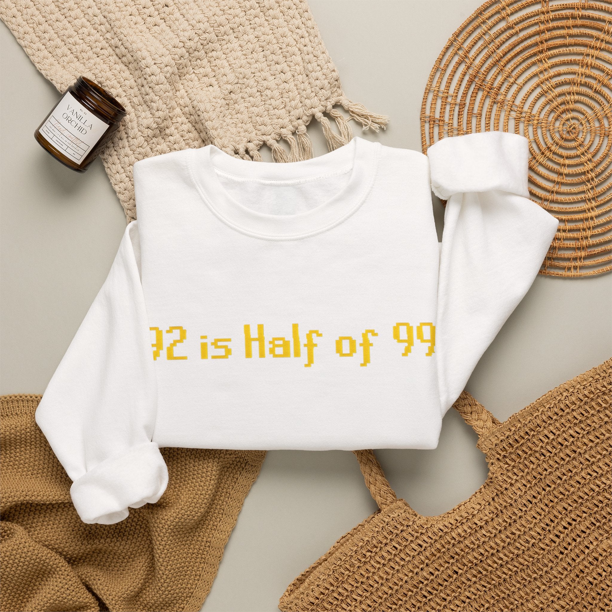 Crewneck Sweatshirt — "92 is Half of 99" Retro Yellow Text