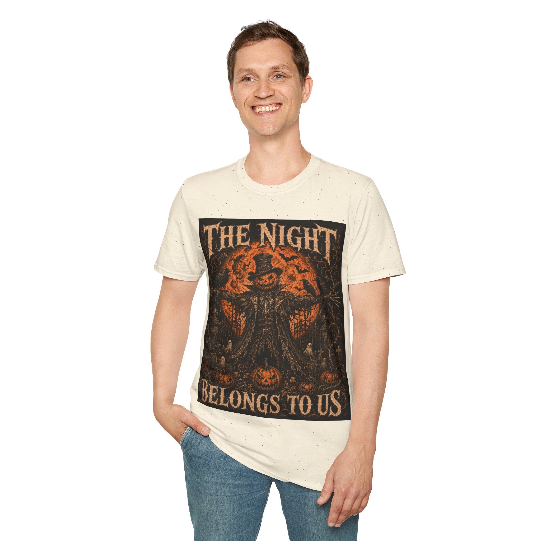 Halloween Scarecrow T-Shirt — "The Night Belongs To" Spooky Pumpkin Graphic