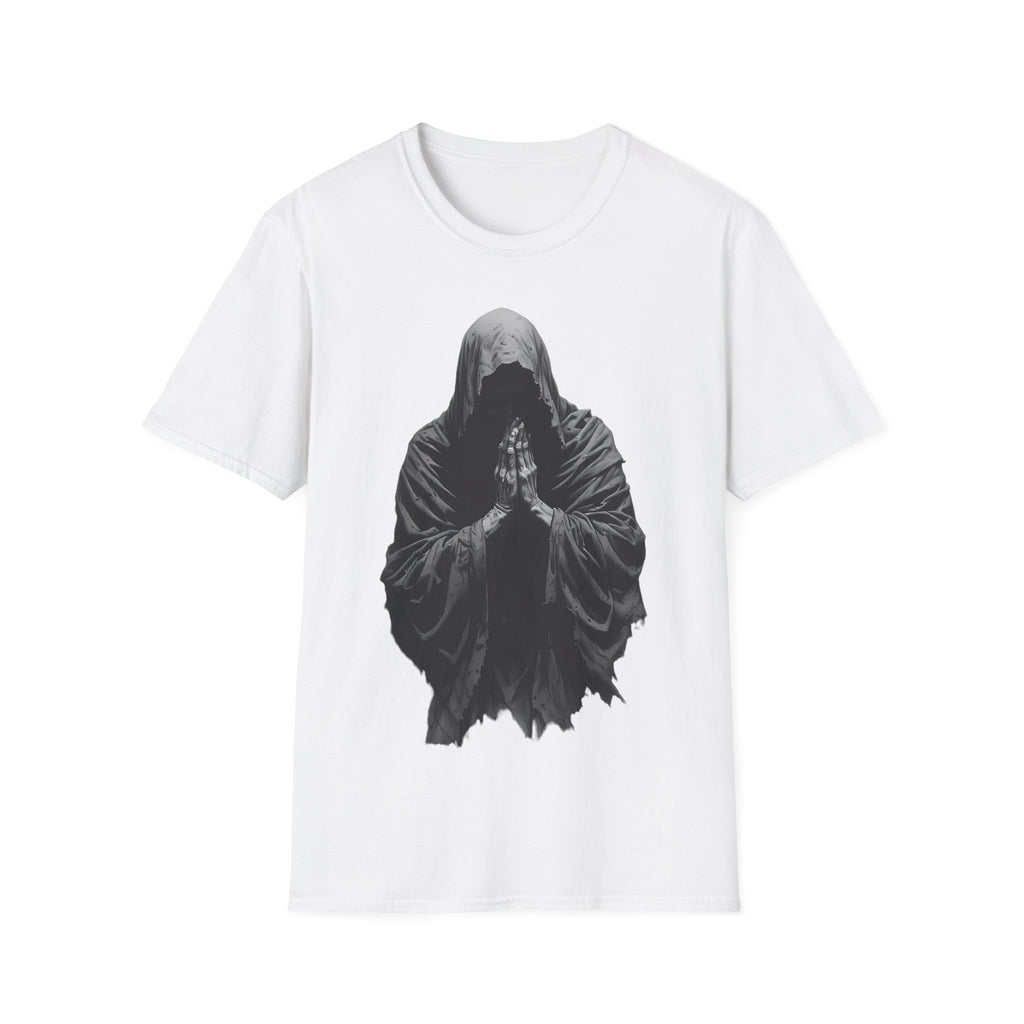 Hooded Figure Prayer T‑Shirt — Gothic Mystical Graphic Tee