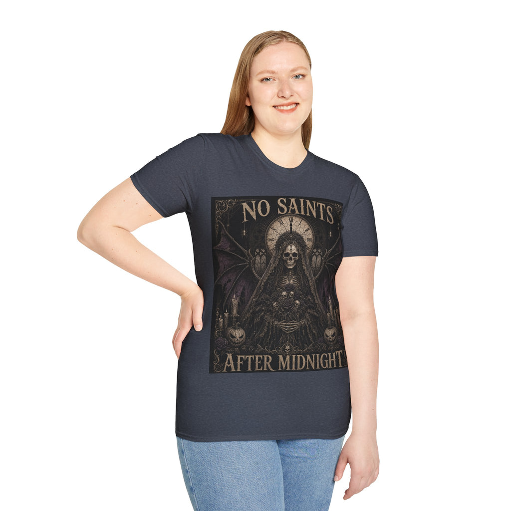 No Saints Graphic T-Shirt — Gothic Skull Clock Design